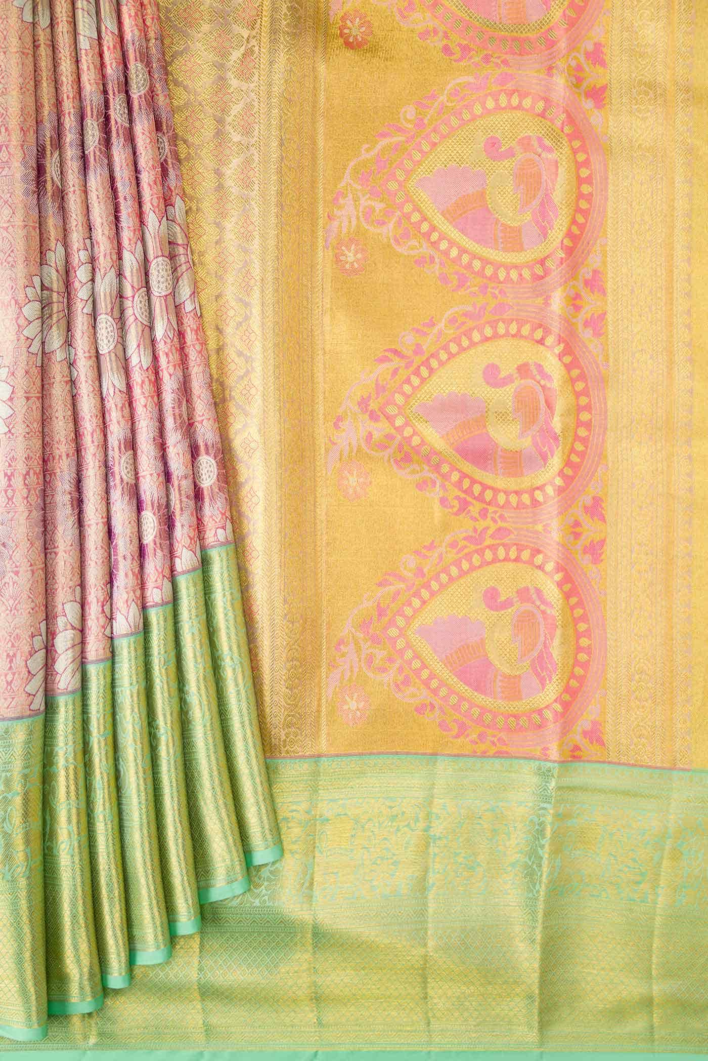 Peach Dual Tone Kanjivaram Tissue Silk Saree - Image 2