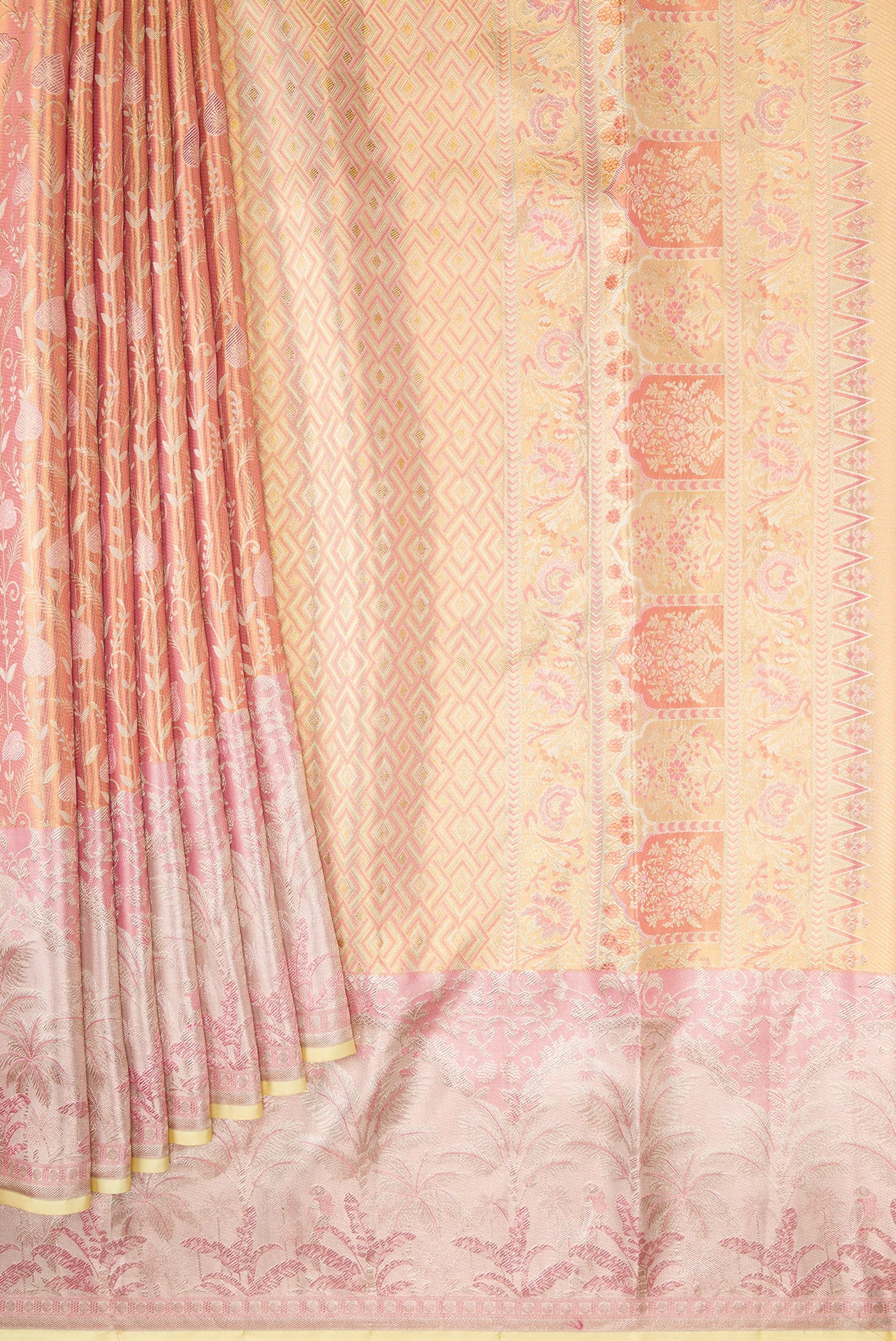 Peach Dual Tone Kanjivaram Tissue Silk Saree - Image 4