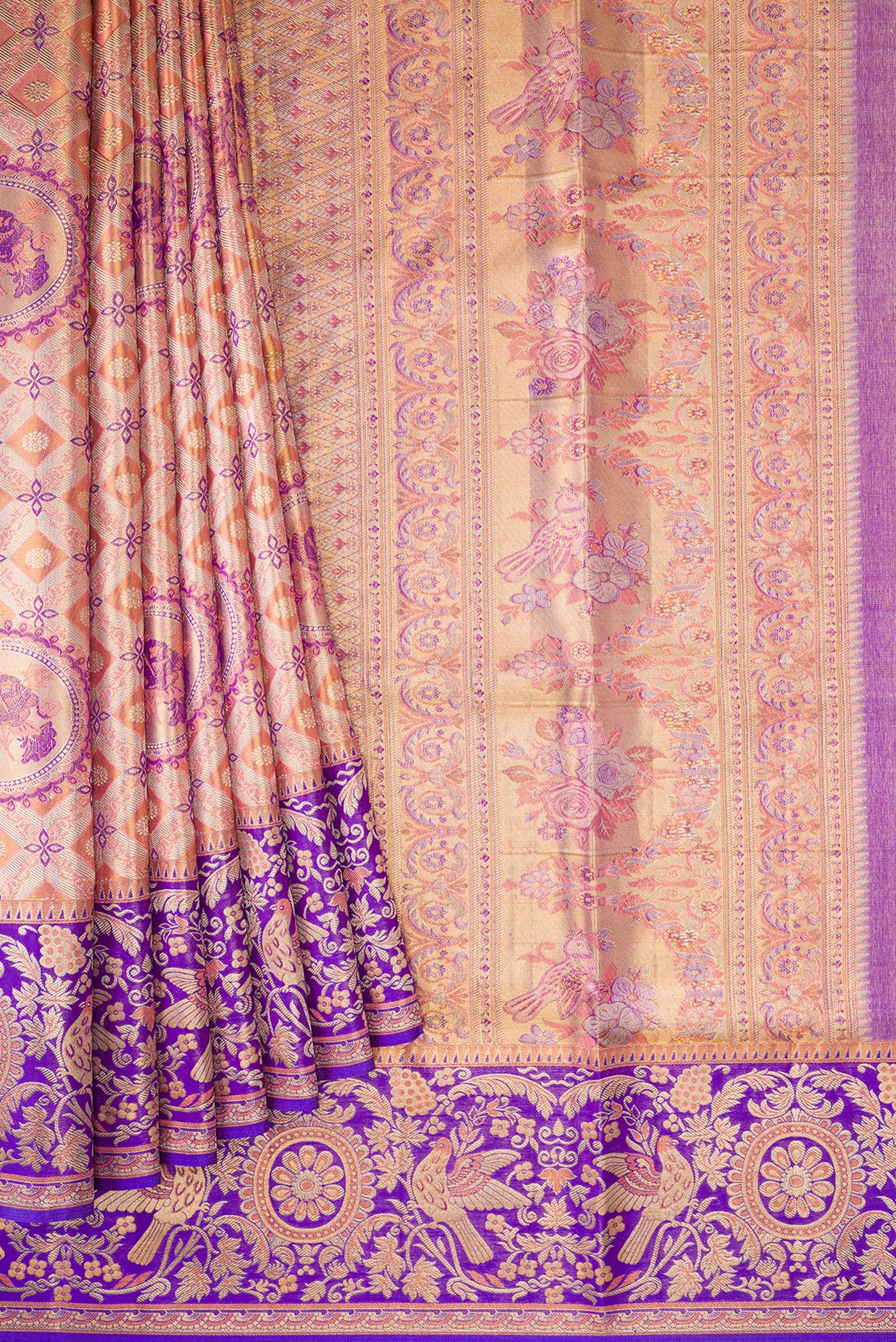Peach Dual Tone Kanjivaram Tissue Silk Saree - Image 4