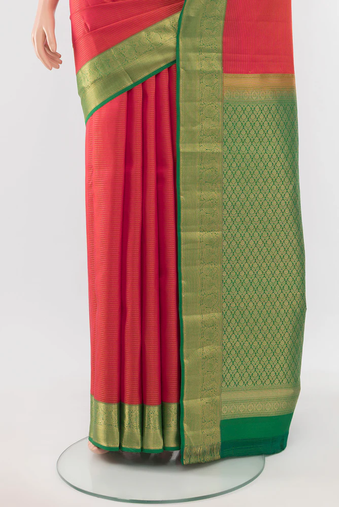 Orange with Pink Color Kanchipuram Silk Saree - Image 3