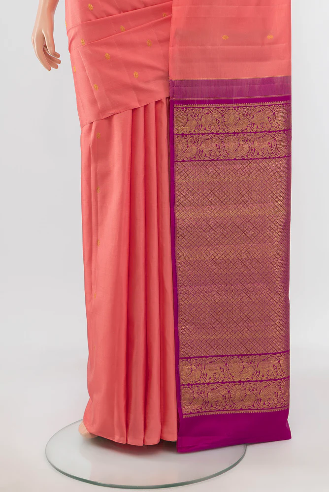 Coral Kanchipuram Silk Saree - Image 3