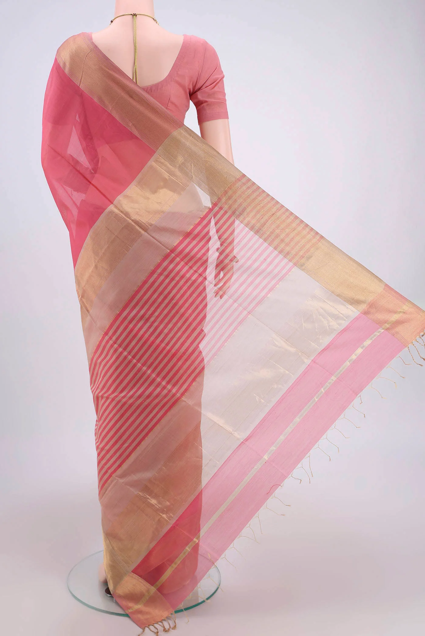 Rose pink Maheshwari Silk Cotton Saree - Image 3