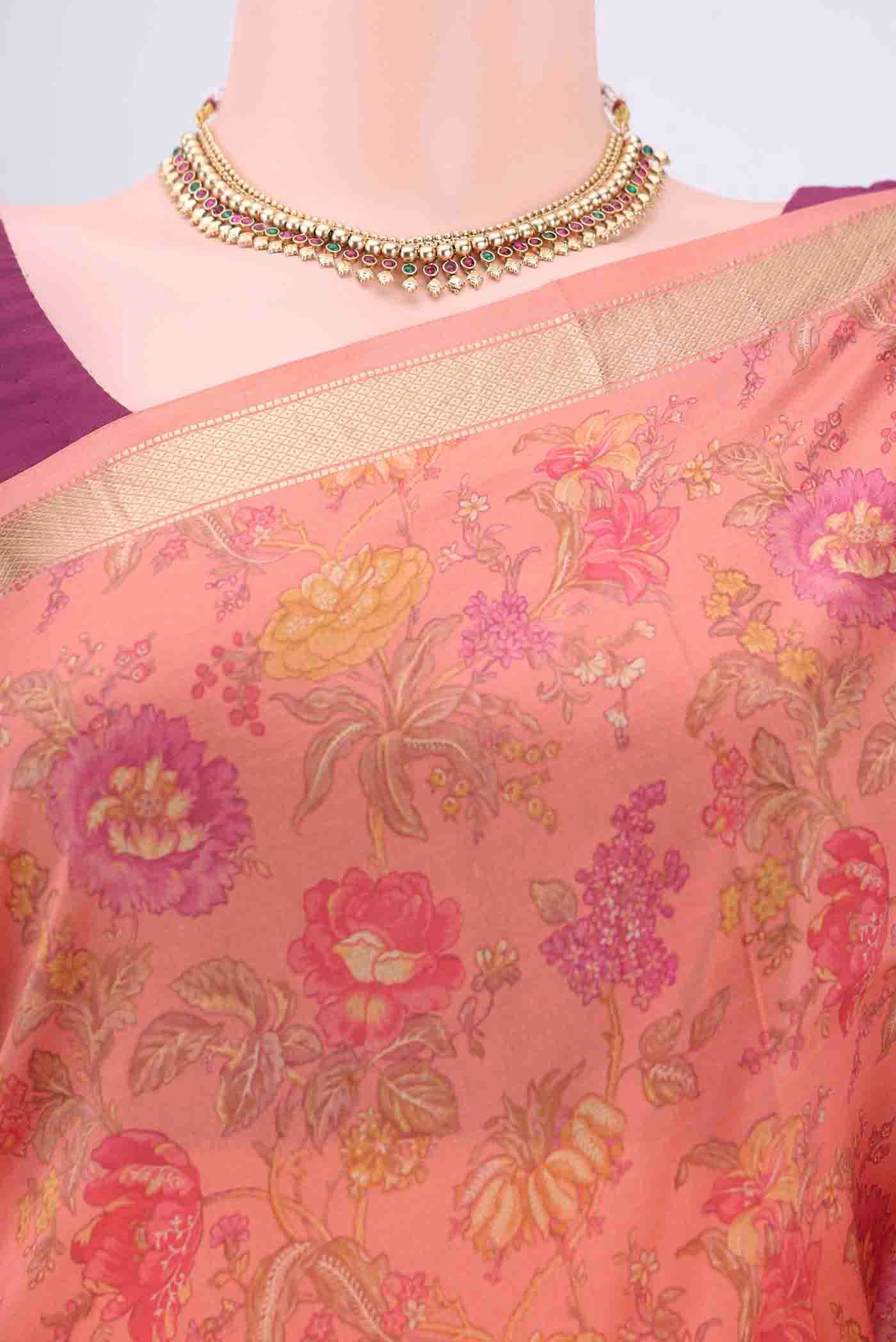 Peach Printed Silk Saree - Image 2