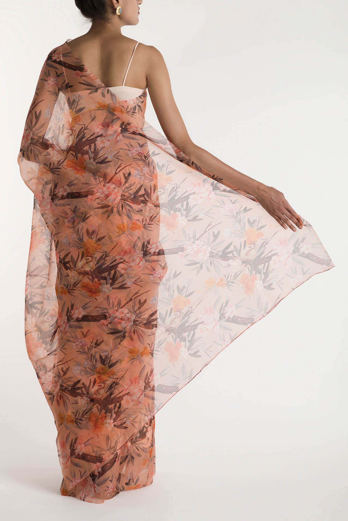 Tropical Parrots Peach Pure Organza Silk Saree - Image 3