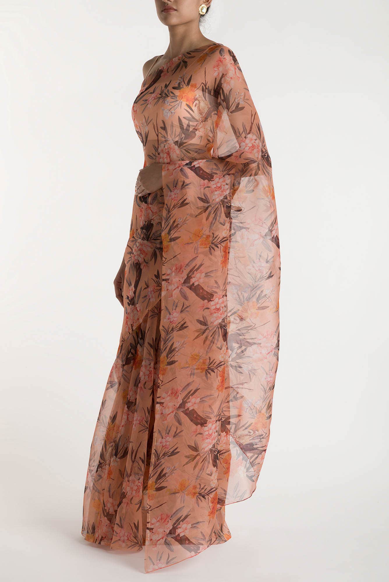 Tropical Parrots Peach Pure Organza Silk Saree - Image 4