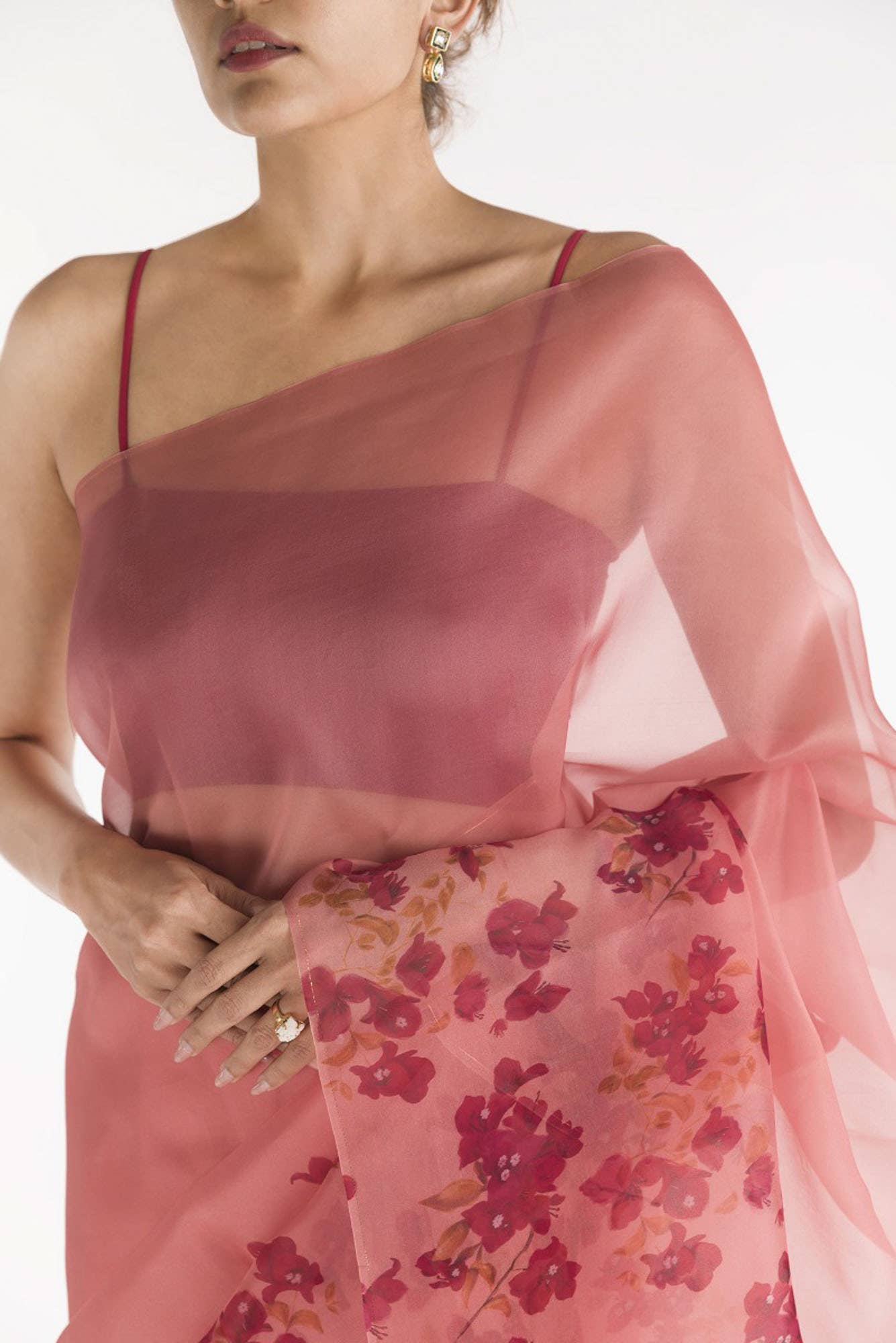 Bougainvillea Vines Peach Pure Organza Silk Saree - Image 2