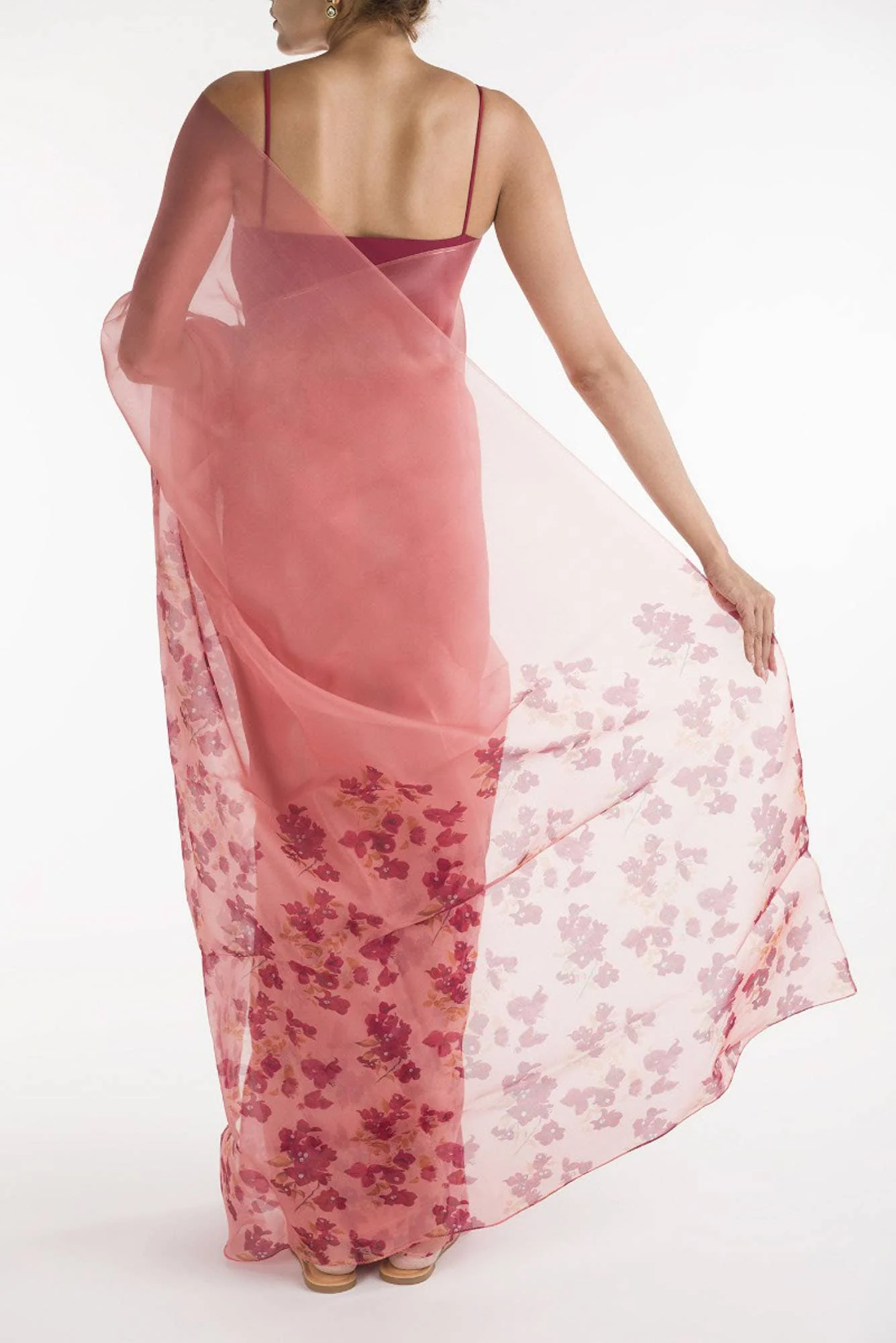 Bougainvillea Vines Peach Pure Organza Silk Saree - Image 3