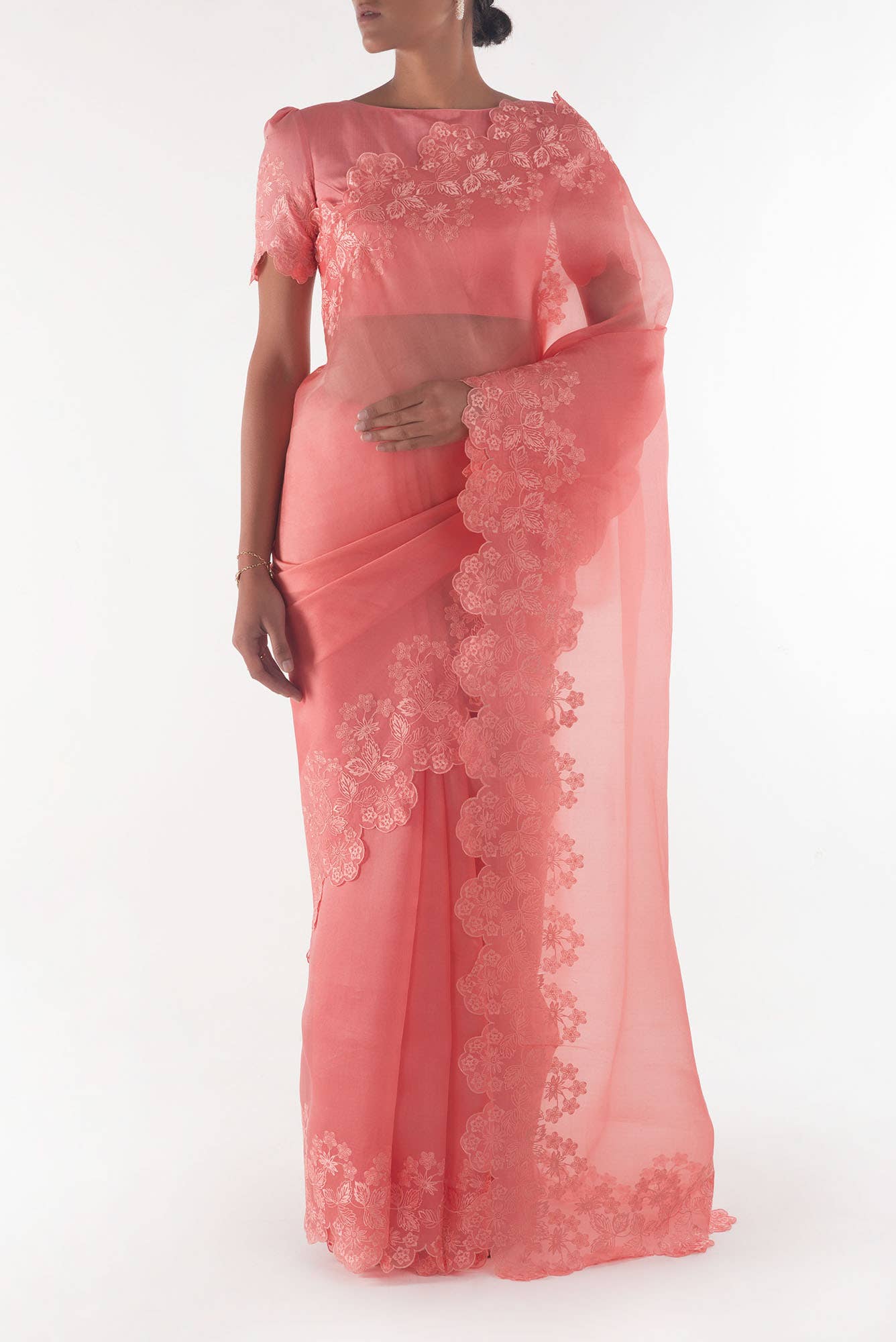 Forget-me-not Peach floral design saree from Embroidered Romance Collection by Nalli - Image 2