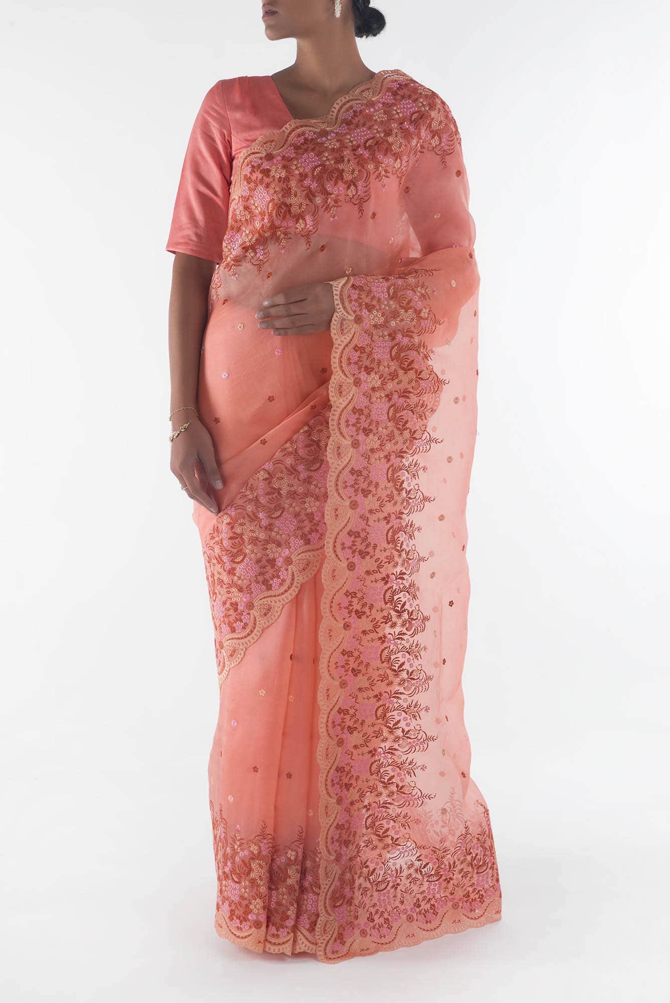 Lover’s lush Peach floral design saree from Embroidered Romance Collection by Nalli - Image 2