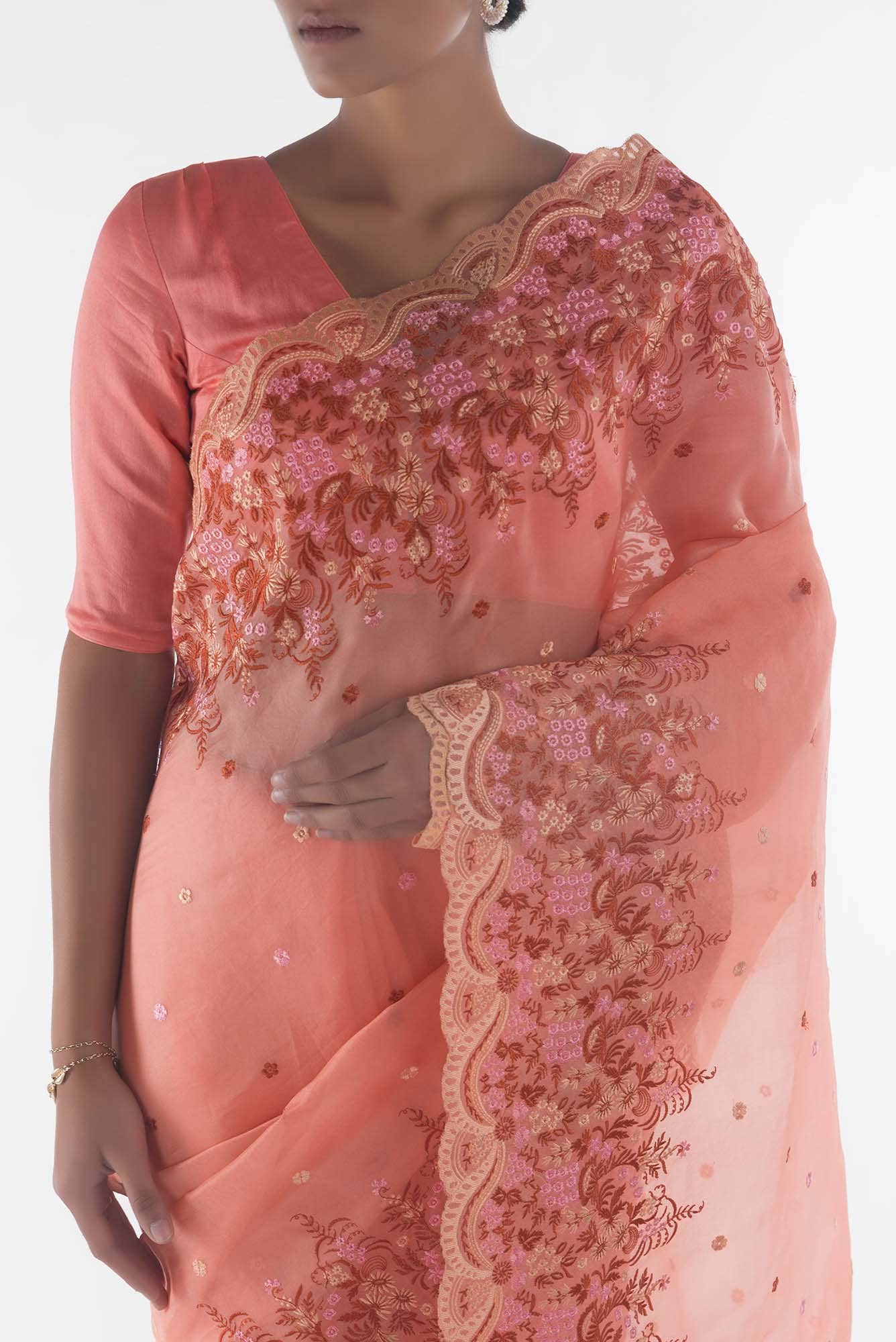 Lover’s lush Peach floral design saree from Embroidered Romance Collection by Nalli - Image 3