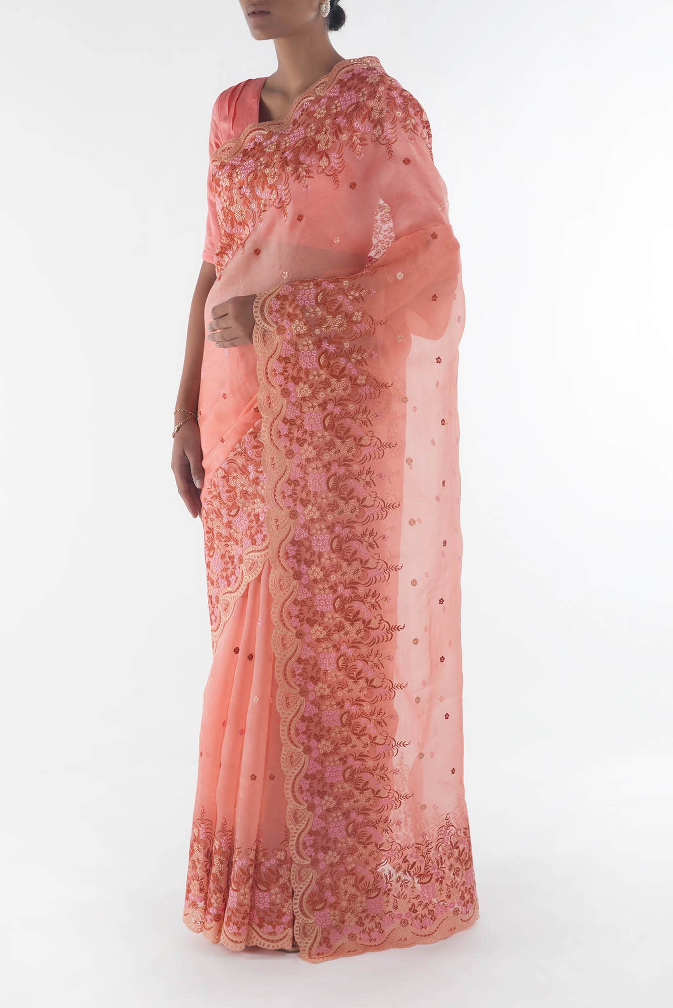 Lover’s lush Peach floral design saree from Embroidered Romance Collection by Nalli - Image 7