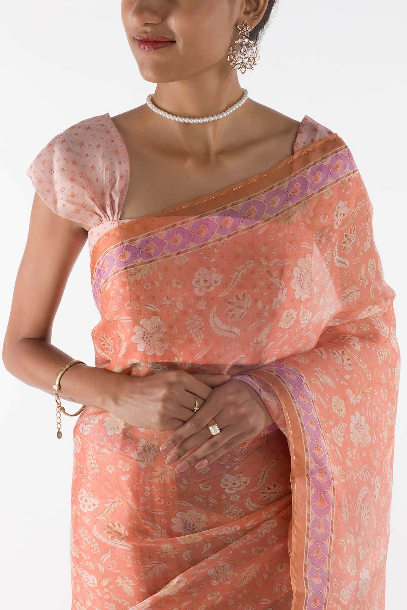 Guldasta - Peach Floral design saree from Chintz Collection, Designed by Nalli - Image 3