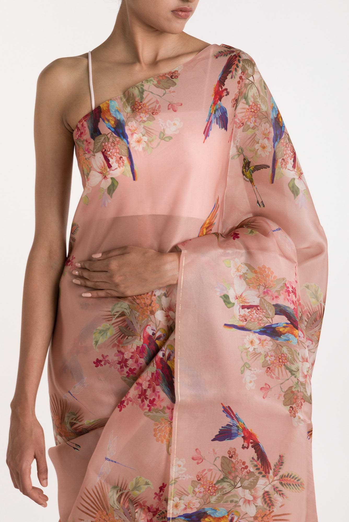 Scarlet Macaws Peach Satin Organza Saree - Image 2