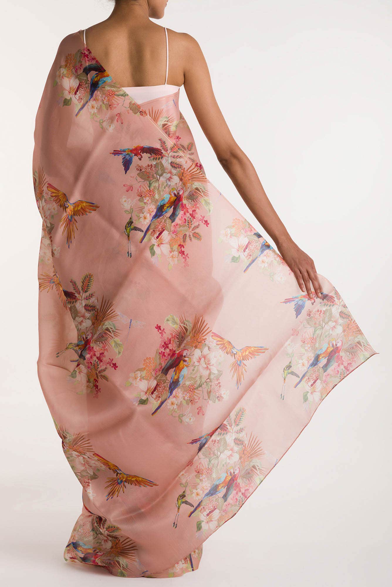 Scarlet Macaws Peach Satin Organza Saree - Image 3