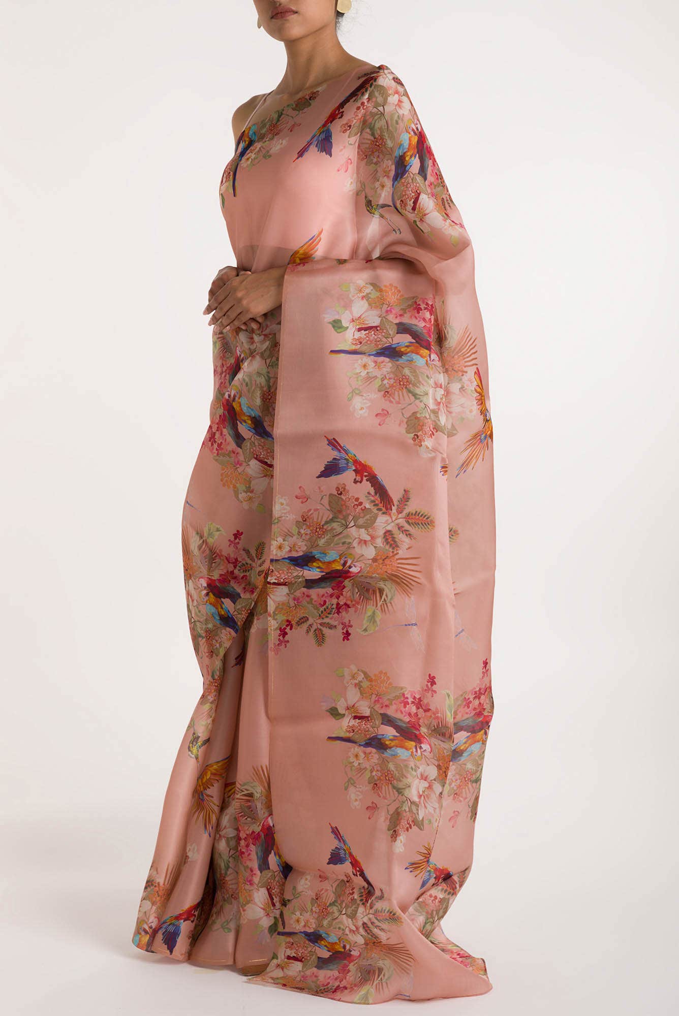 Scarlet Macaws Peach Satin Organza Saree - Image 4