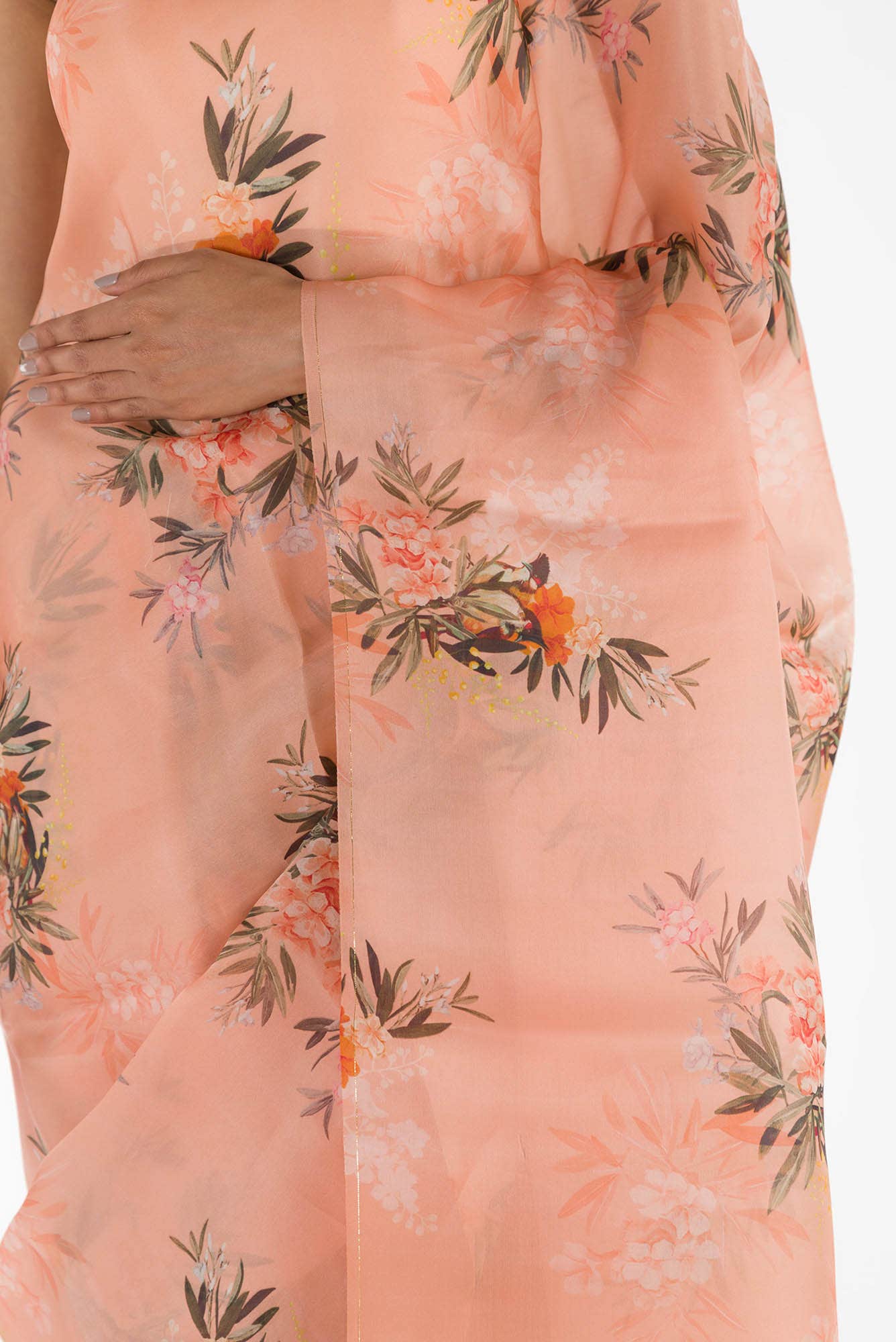 Enigmatic bulbuls Peach Satin Organza Saree - Image 2