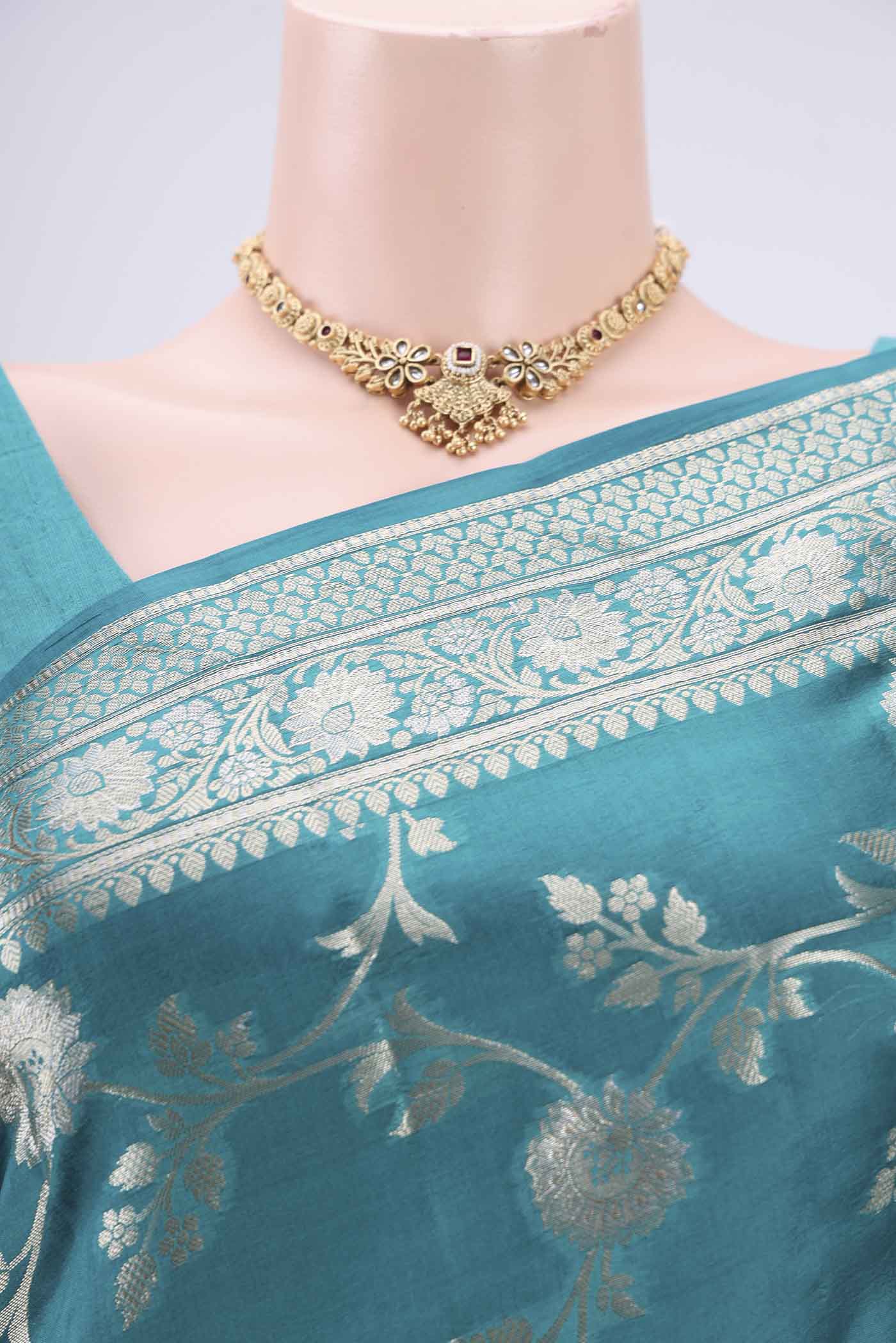 Peacock Blue Banarasi Raw Silk Saree - Image 2