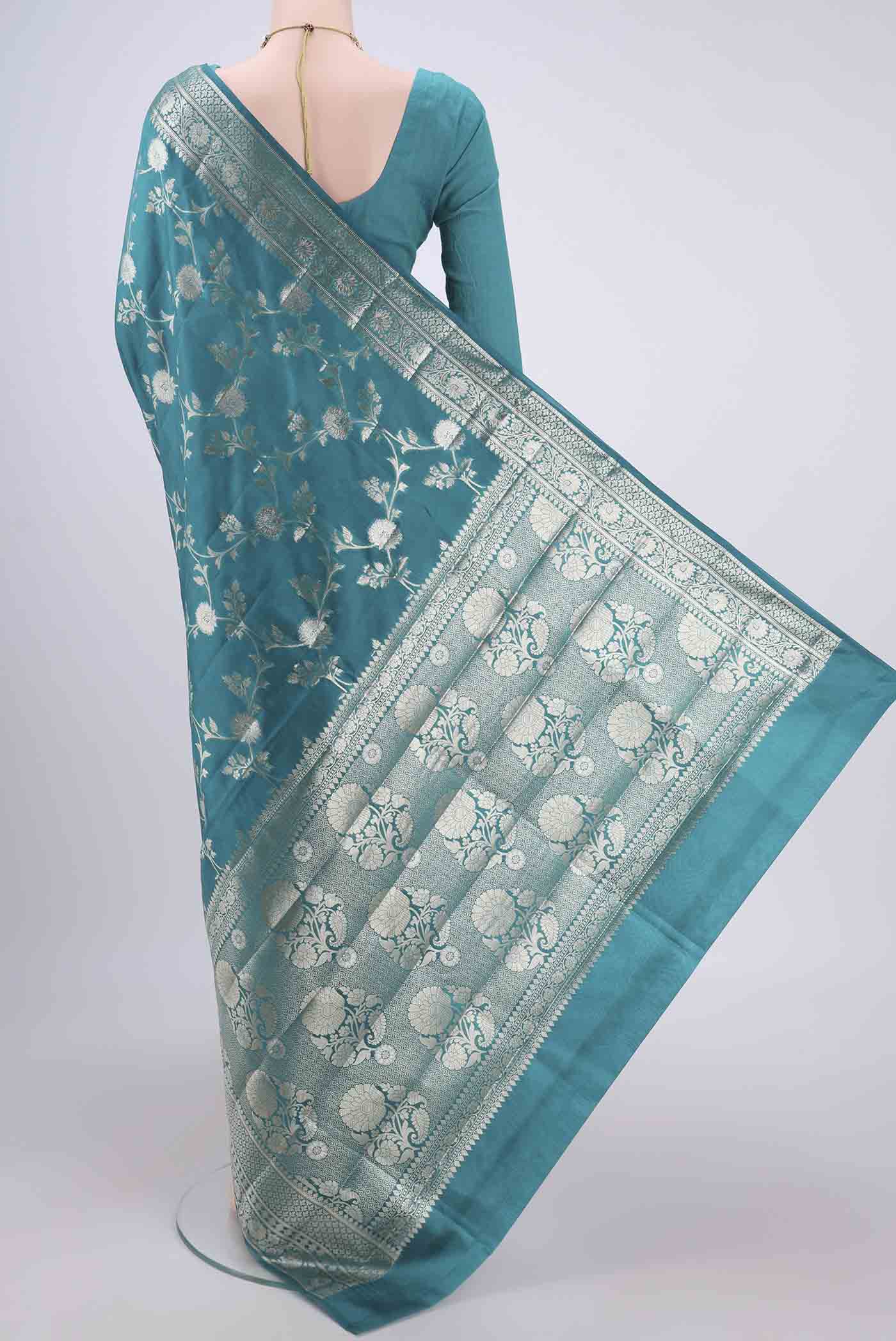 Peacock Blue Banarasi Raw Silk Saree - Image 3