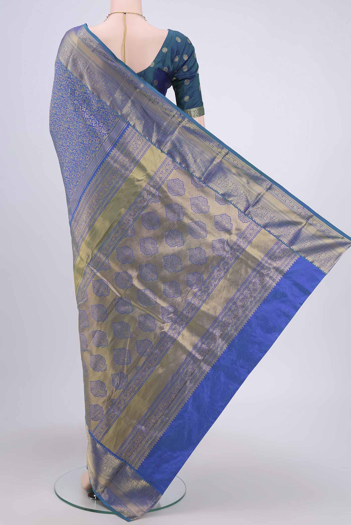 Peacock Blue Bangalore Silk Saree - Image 3
