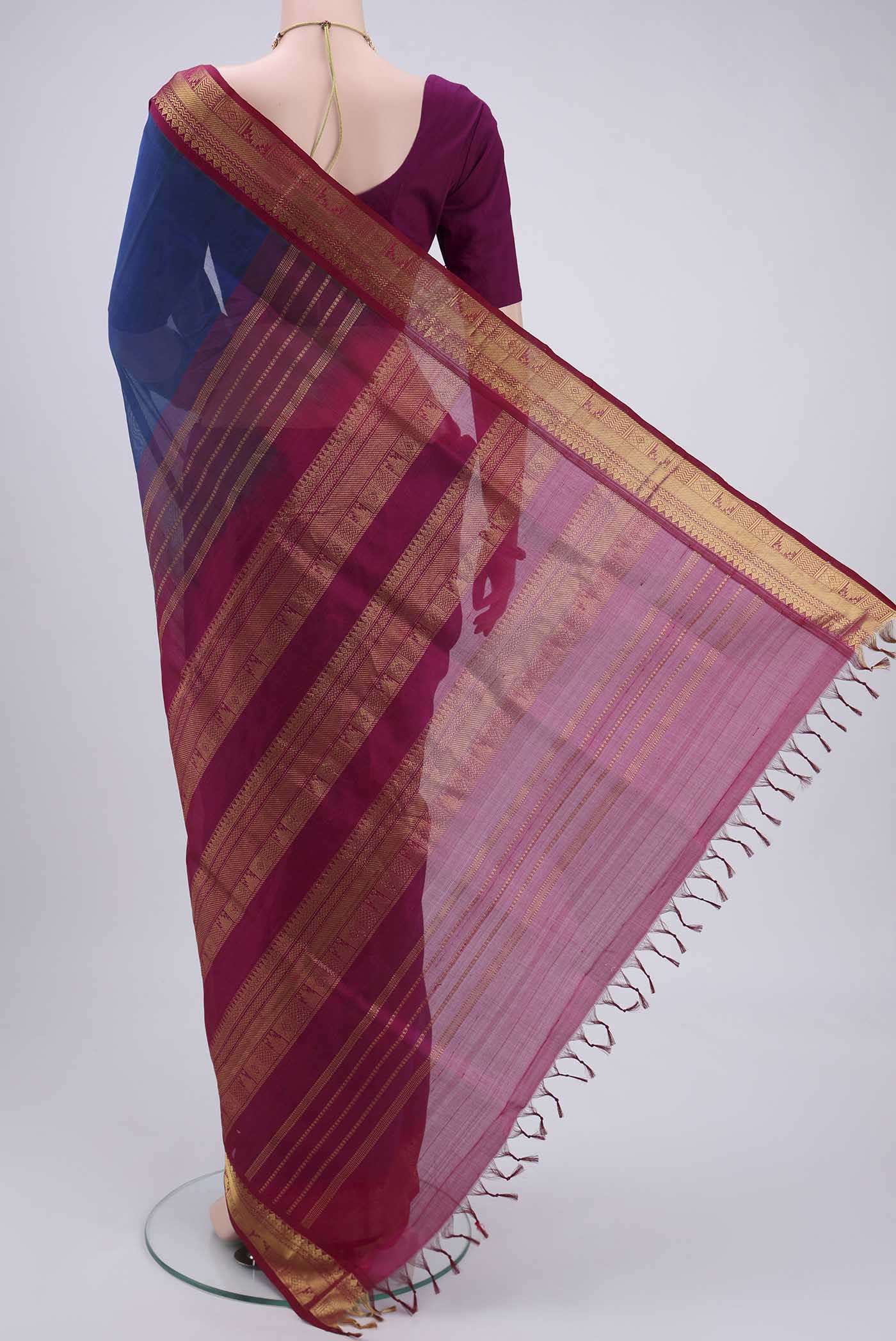 Peacock Blue Silk Cotton Saree - Image 3
