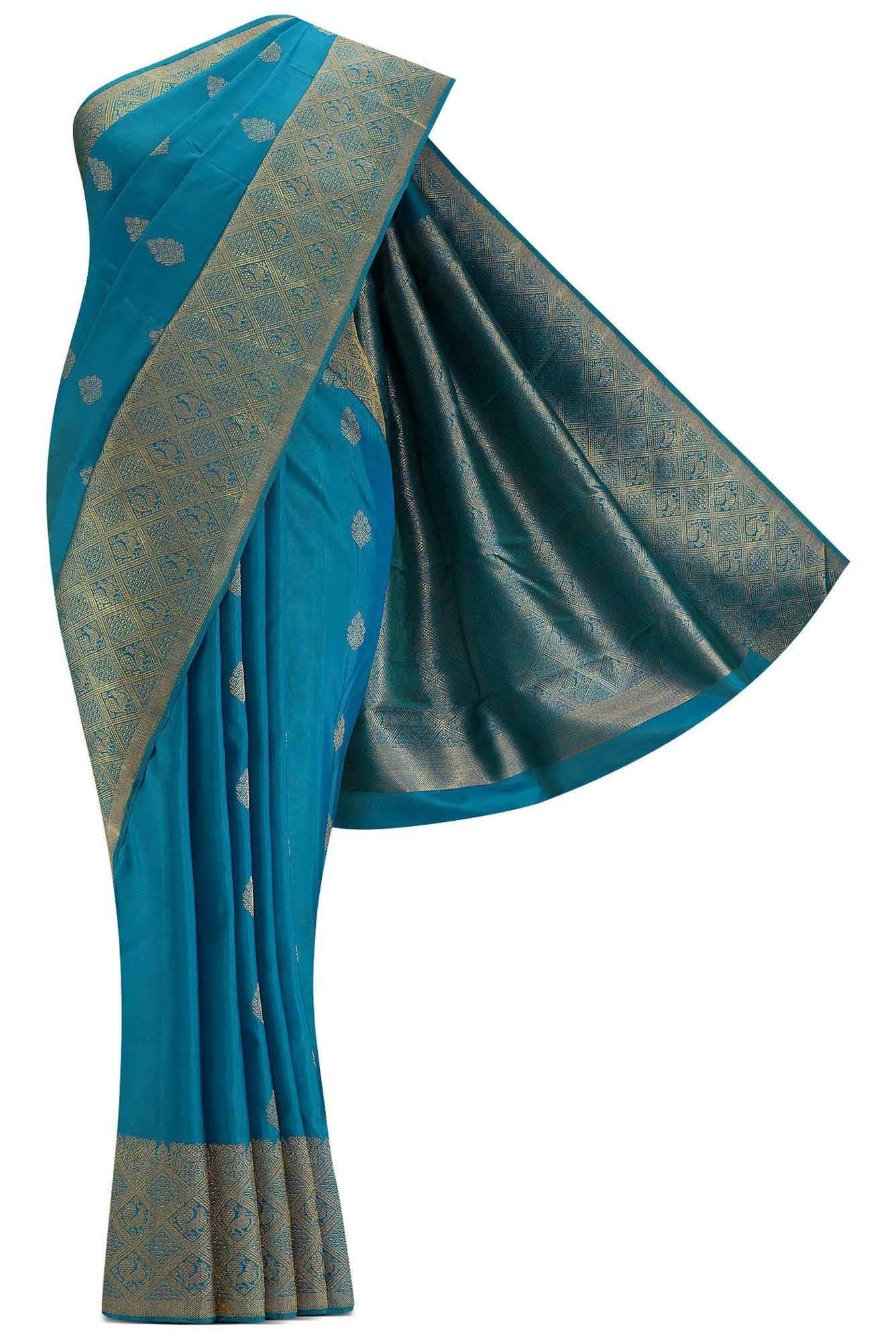 Pure Silk Pure Zari Peacock Blue Dual Tone Kanjivaram Saree