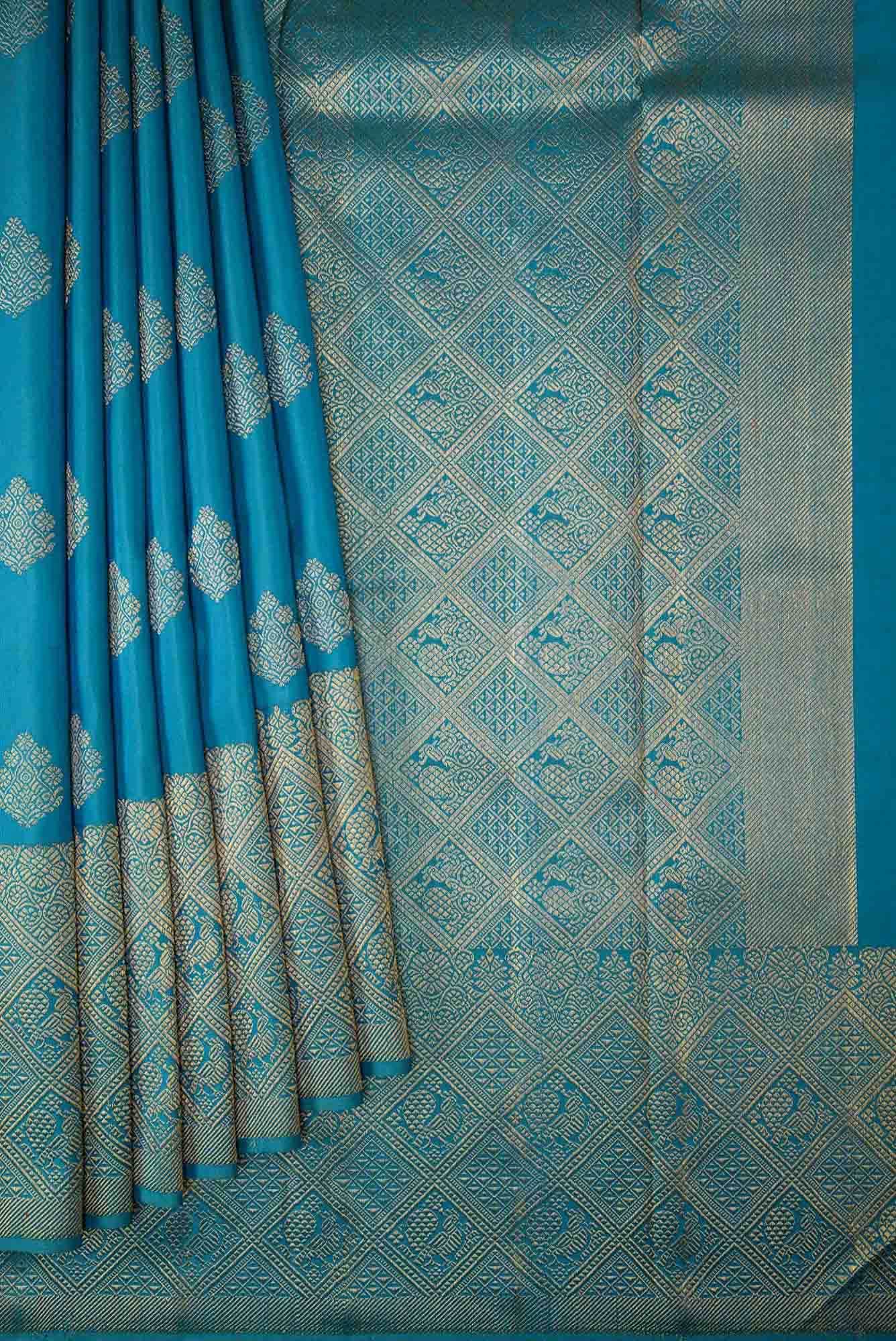 Pure Silk Pure Zari Peacock Blue Dual Tone Kanjivaram Saree - Image 2