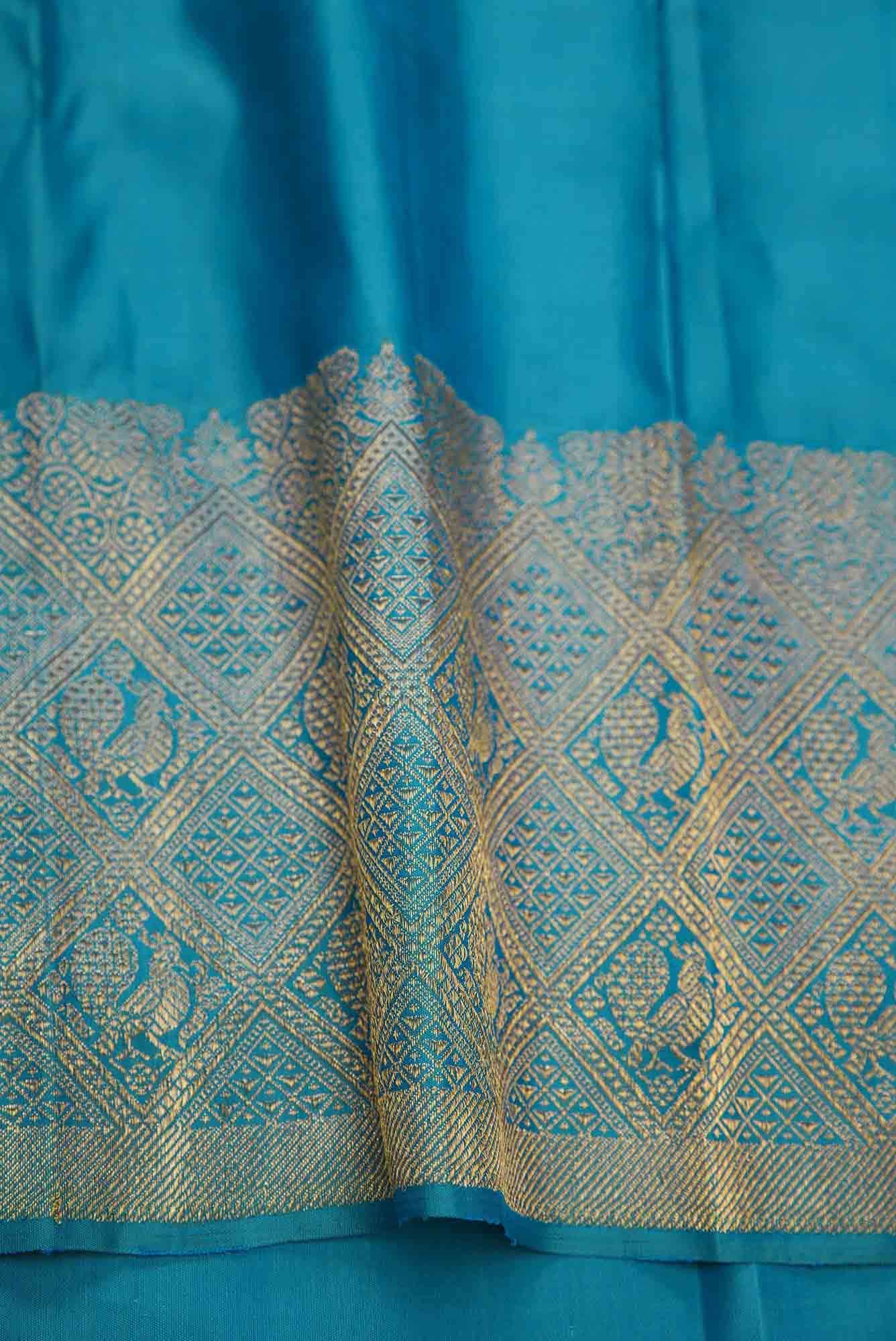 Pure Silk Pure Zari Peacock Blue Dual Tone Kanjivaram Saree - Image 6