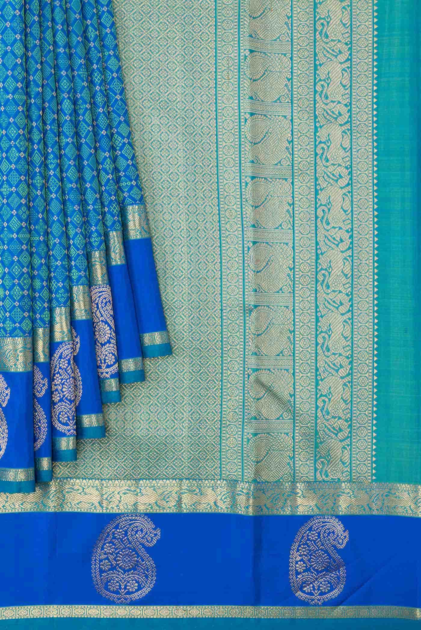 Pure Silk Pure Zari Peacock Blue Dual Tone Kanchipuram Saree - Image 2