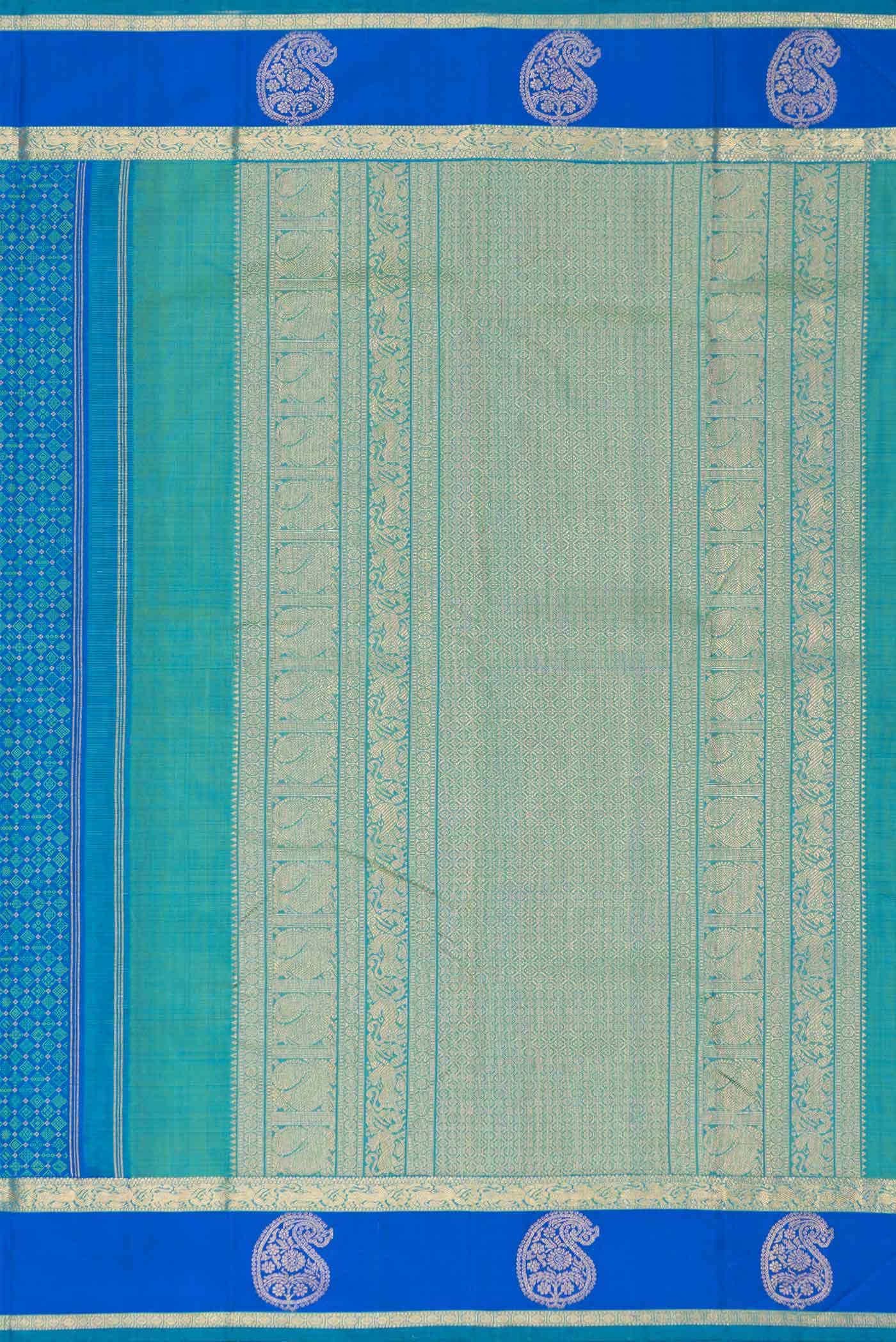 Pure Silk Pure Zari Peacock Blue Dual Tone Kanchipuram Saree - Image 5
