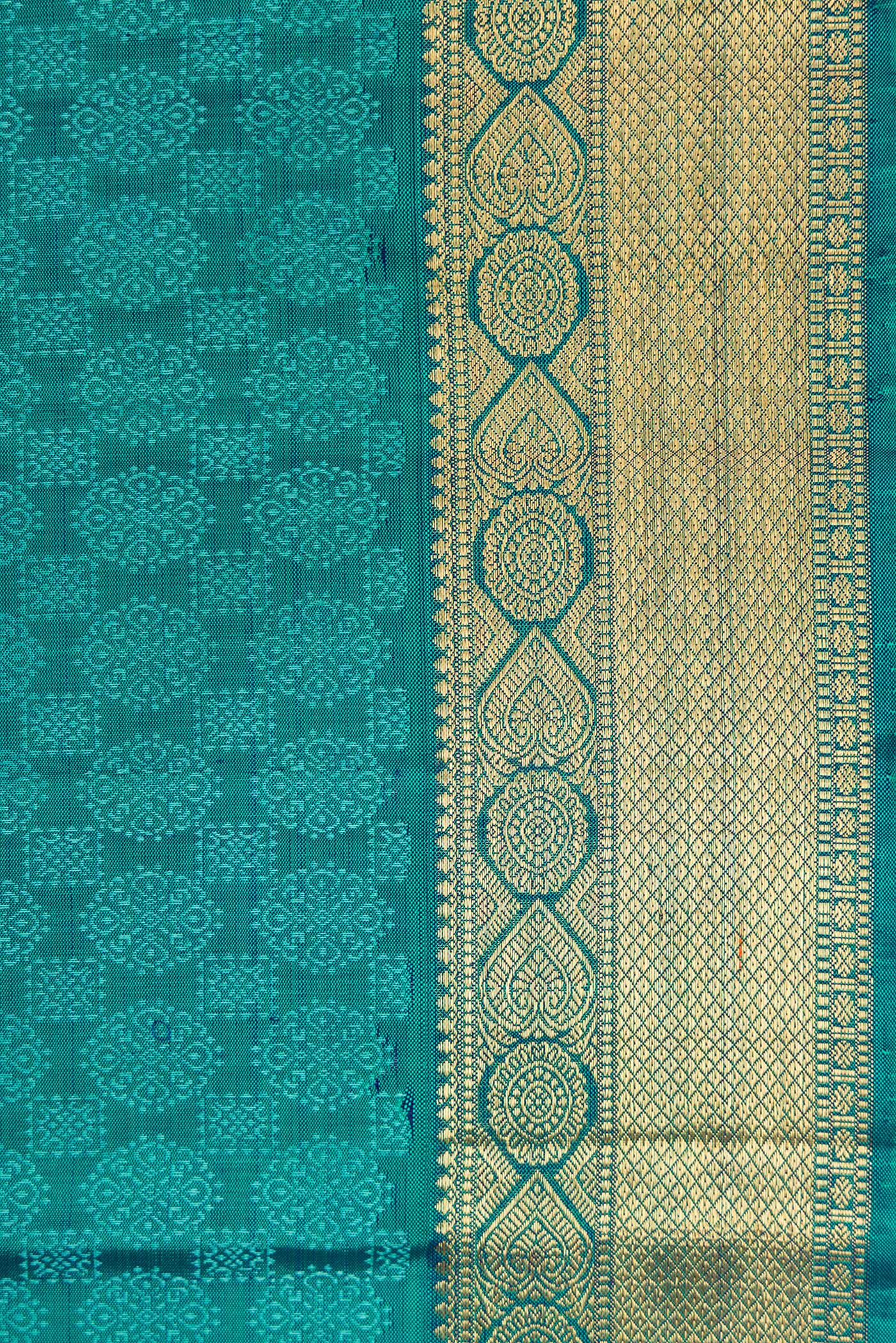 Pure Silk Pure Zari Peacock Blue Kanjivaram Saree - Image 3
