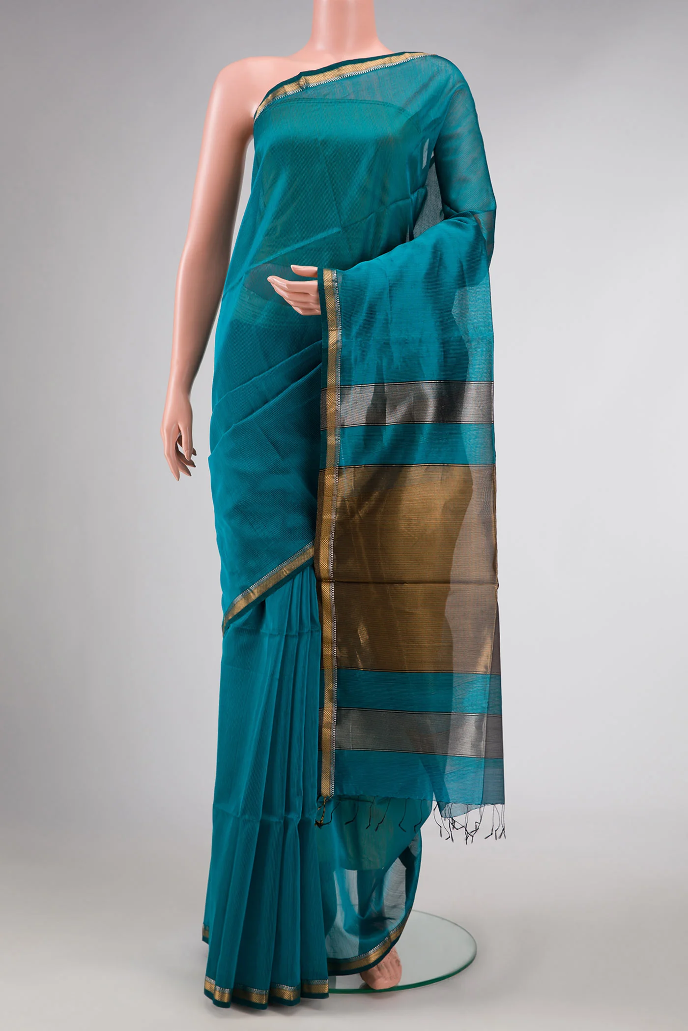 Peacock Blue Dual Tone Maheshwari Silk Saree