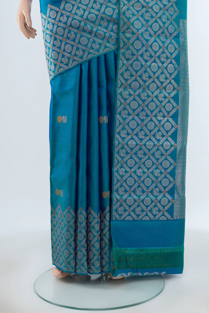 Peacock Blue Kanchipuram Silk Saree - Image 3