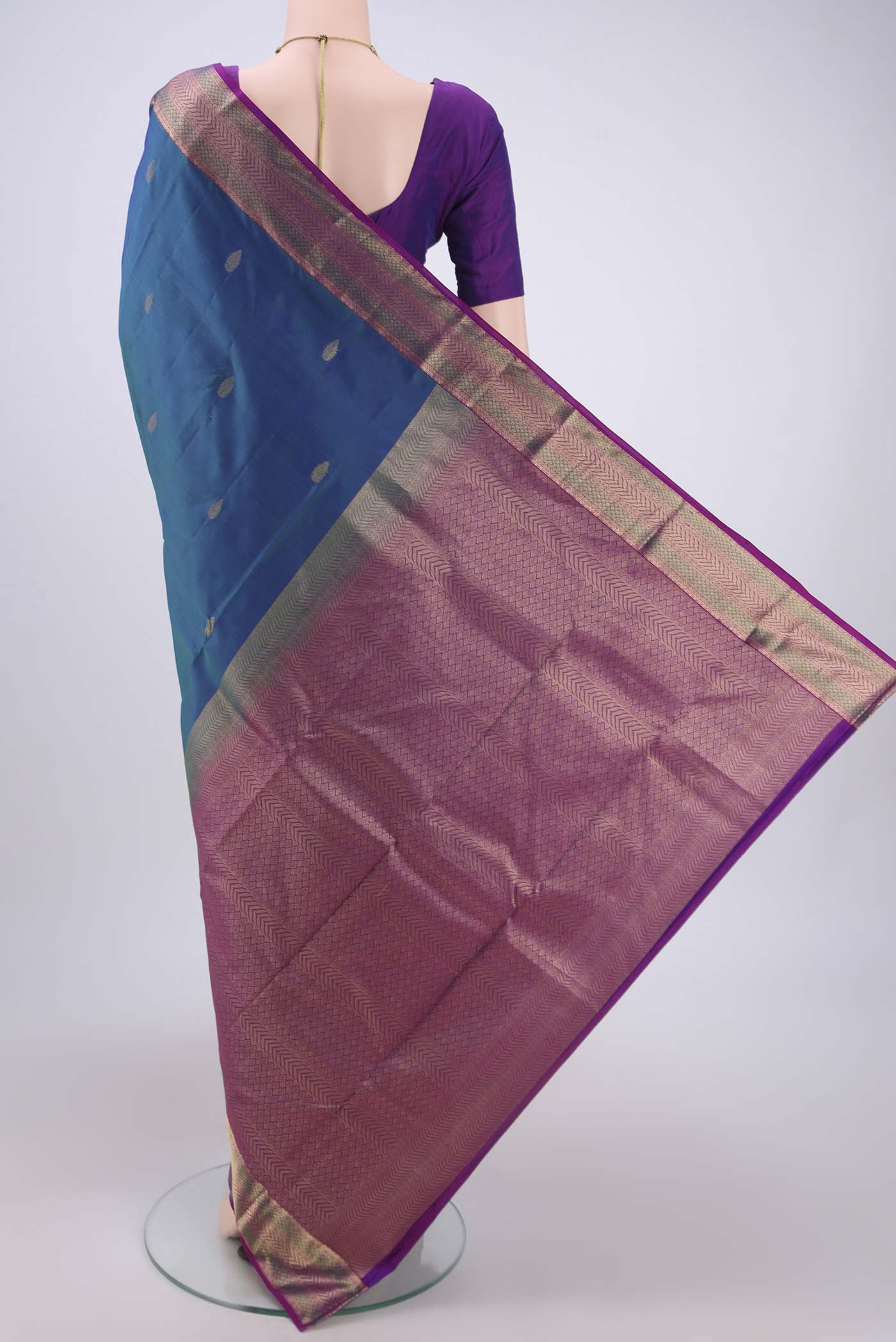 Peacock Blue Kanchipuram Silk Saree - Image 3