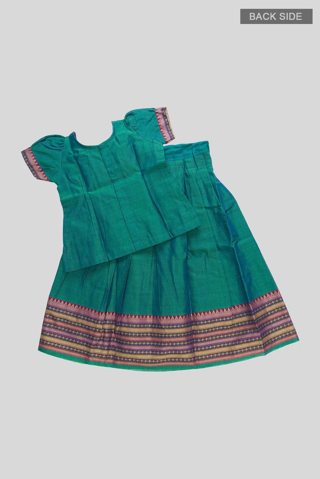 Peacock Blue Readymade Cotton Pavadai Set  | Lehanga & Blouse - Image 3
