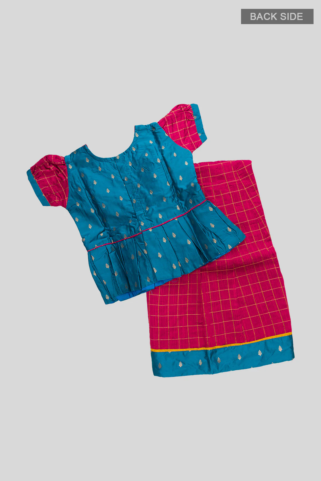 Peacock Blue Readymade Cotton Pavadai Set  | Lehanga & Blouse - Image 3