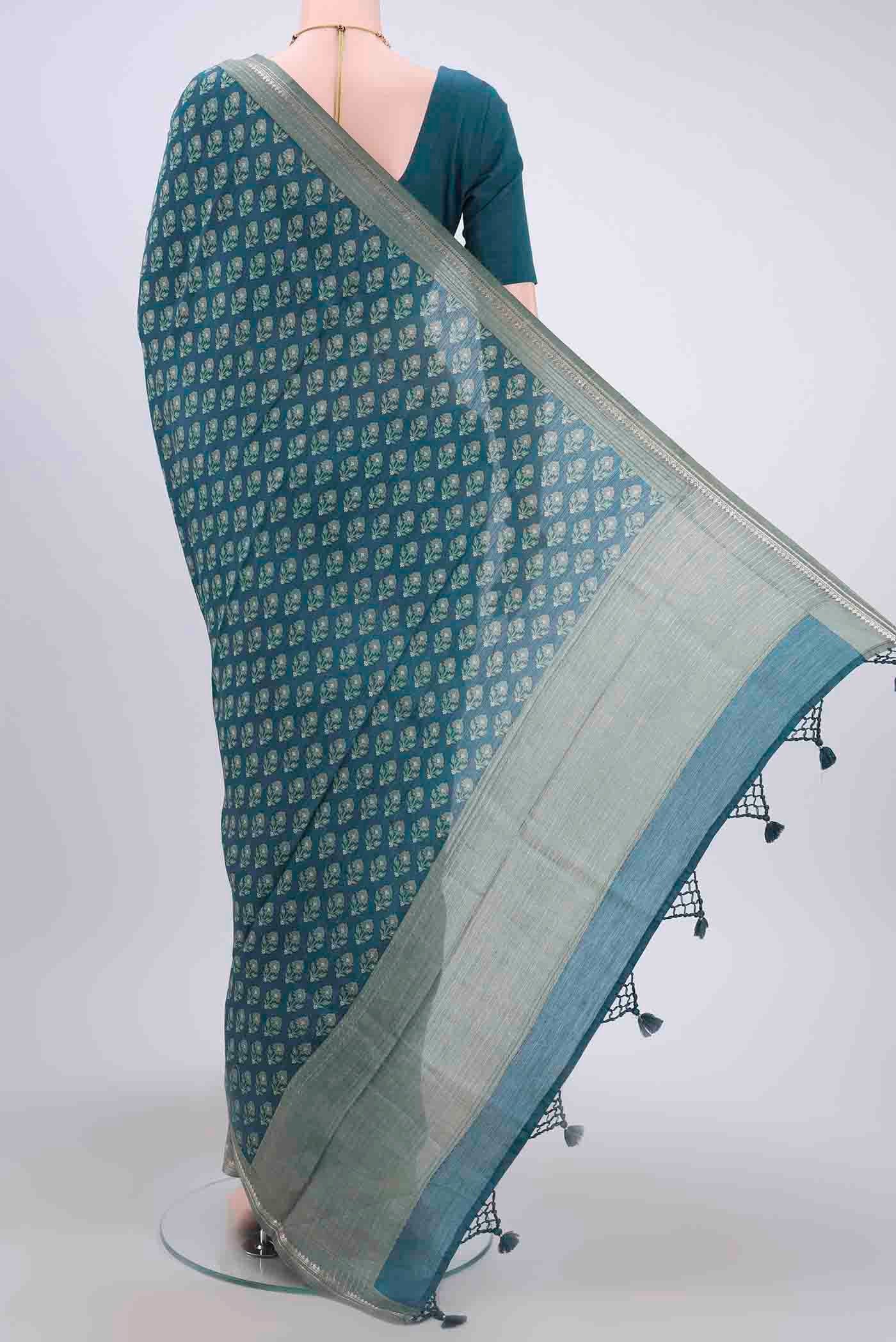 Peacock Blue Tussar Silk Saree - Image 3