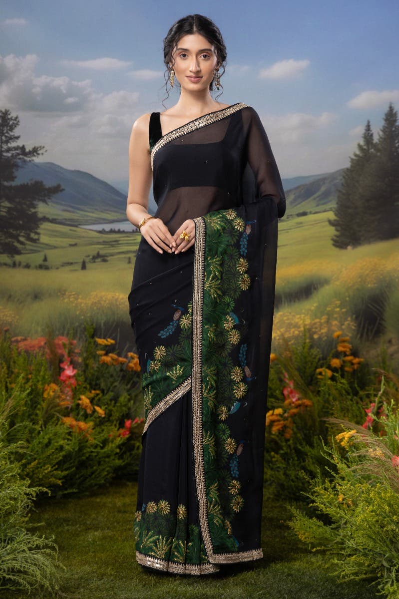 Peacocks in Love-Black Organza Silk Saree - Image 2