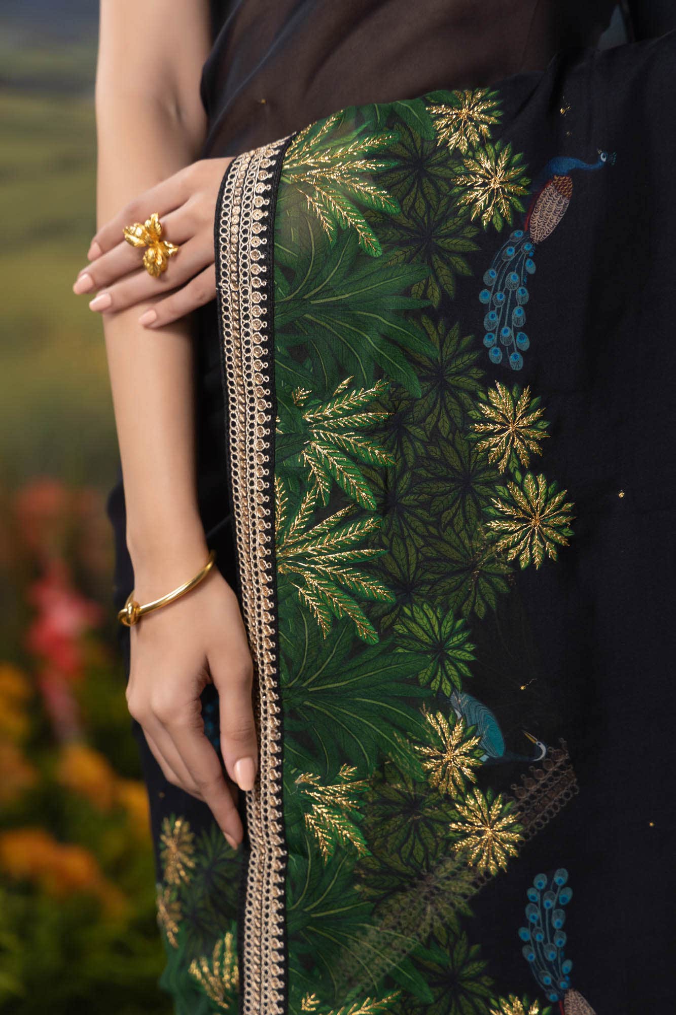Peacocks in Love-Black Organza Silk Saree - Image 5
