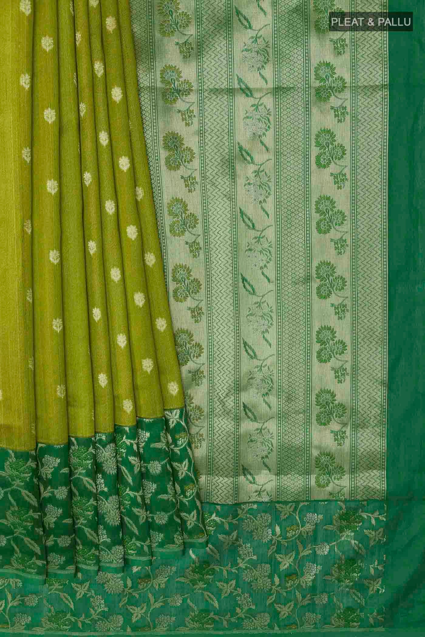Pickle Green Banarasi Tussar Silk Saree - Image 4