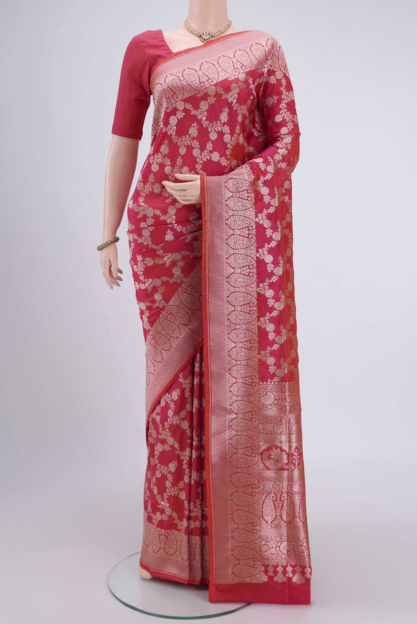 Pink with Orange Color Banarasi Silk Saree - Image 2