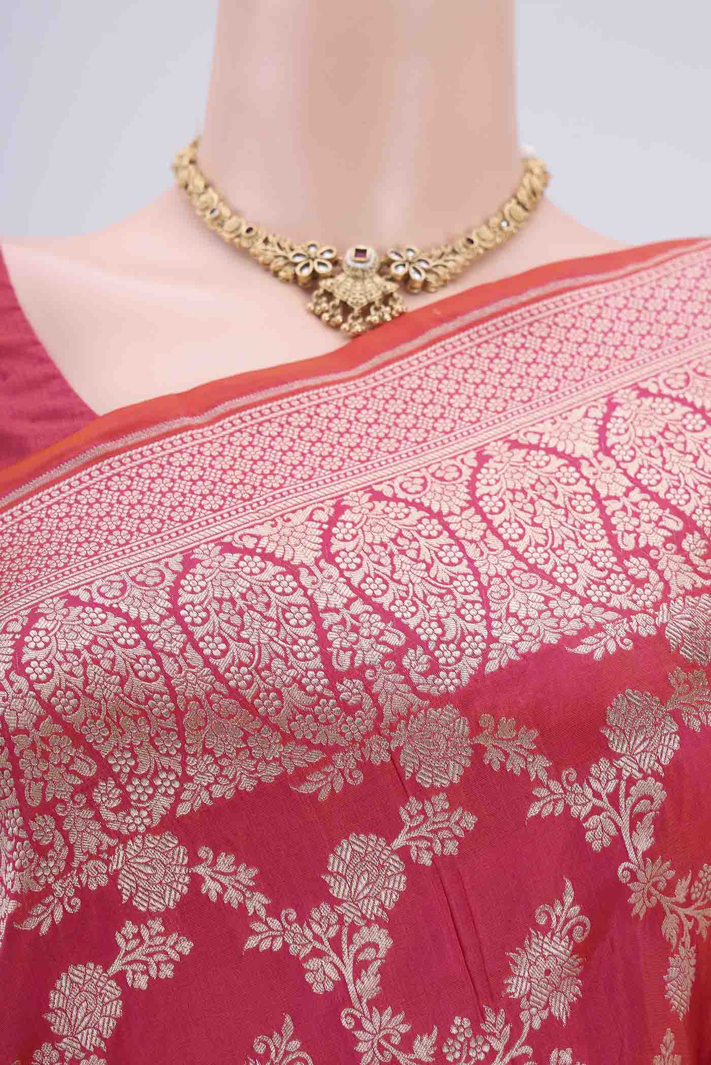 Pink with Orange Color Banarasi Silk Saree - Image 3