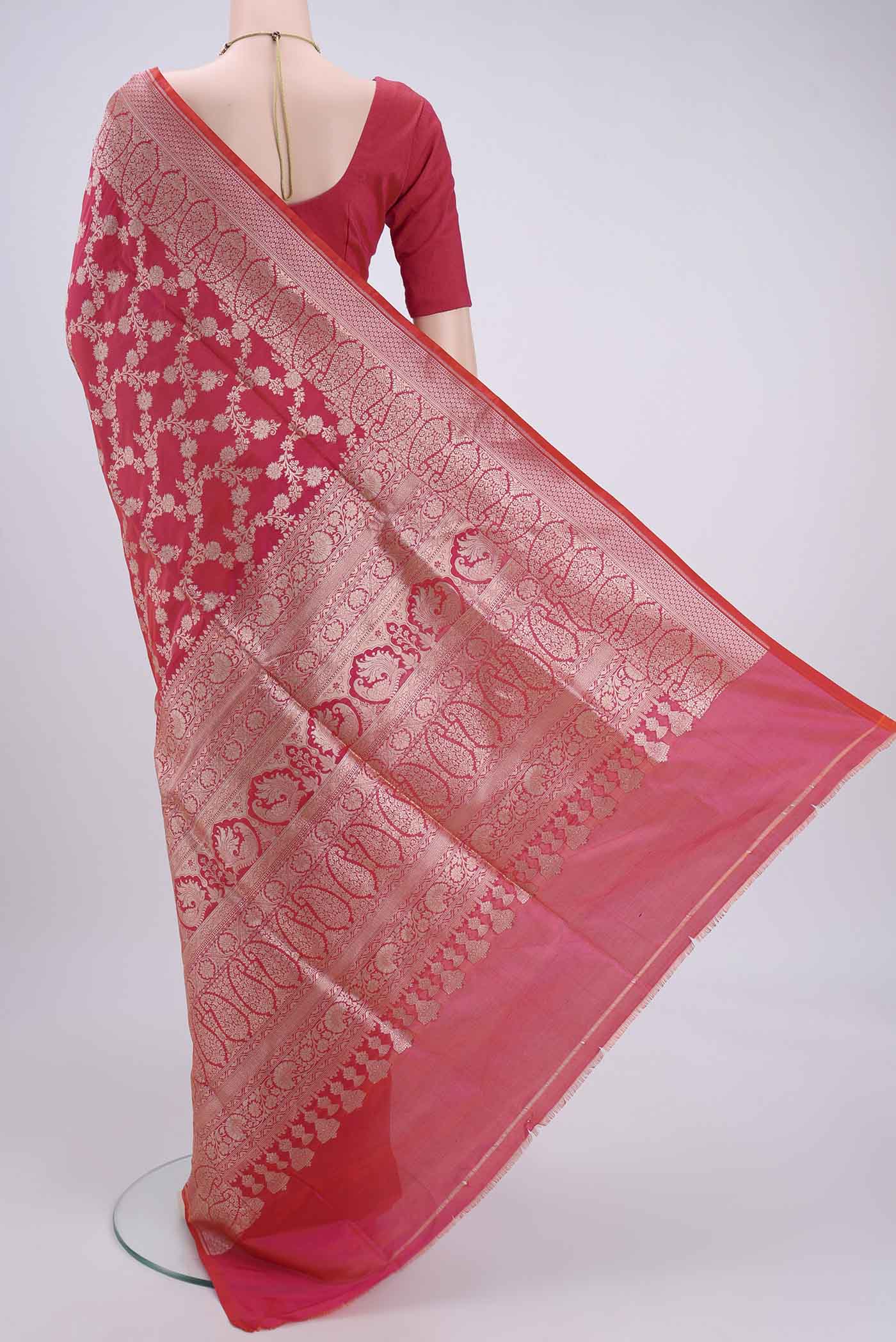 Pink with Orange Color Banarasi Silk Saree - Image 4