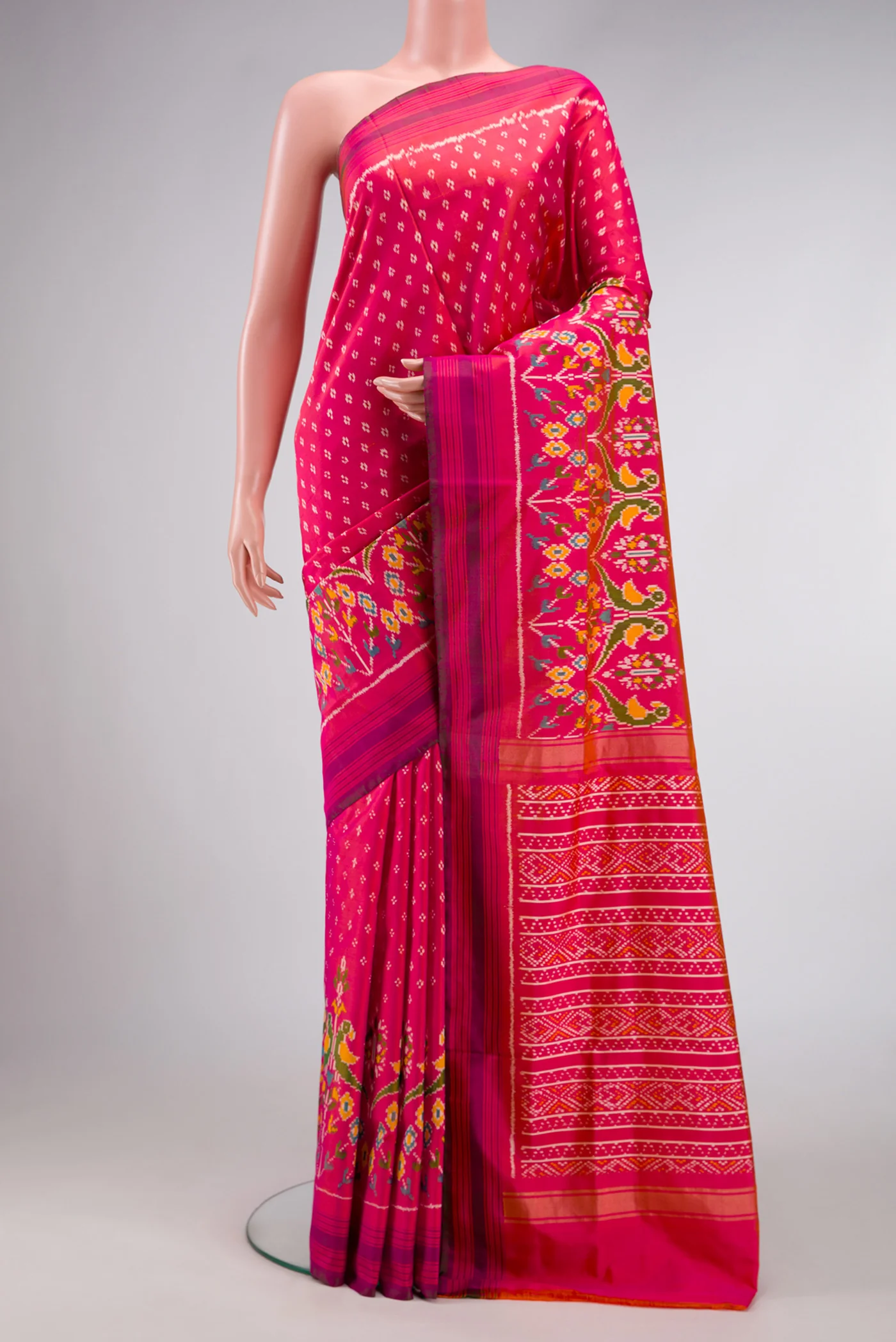 Pink with Orange Color Double Ikat Saree