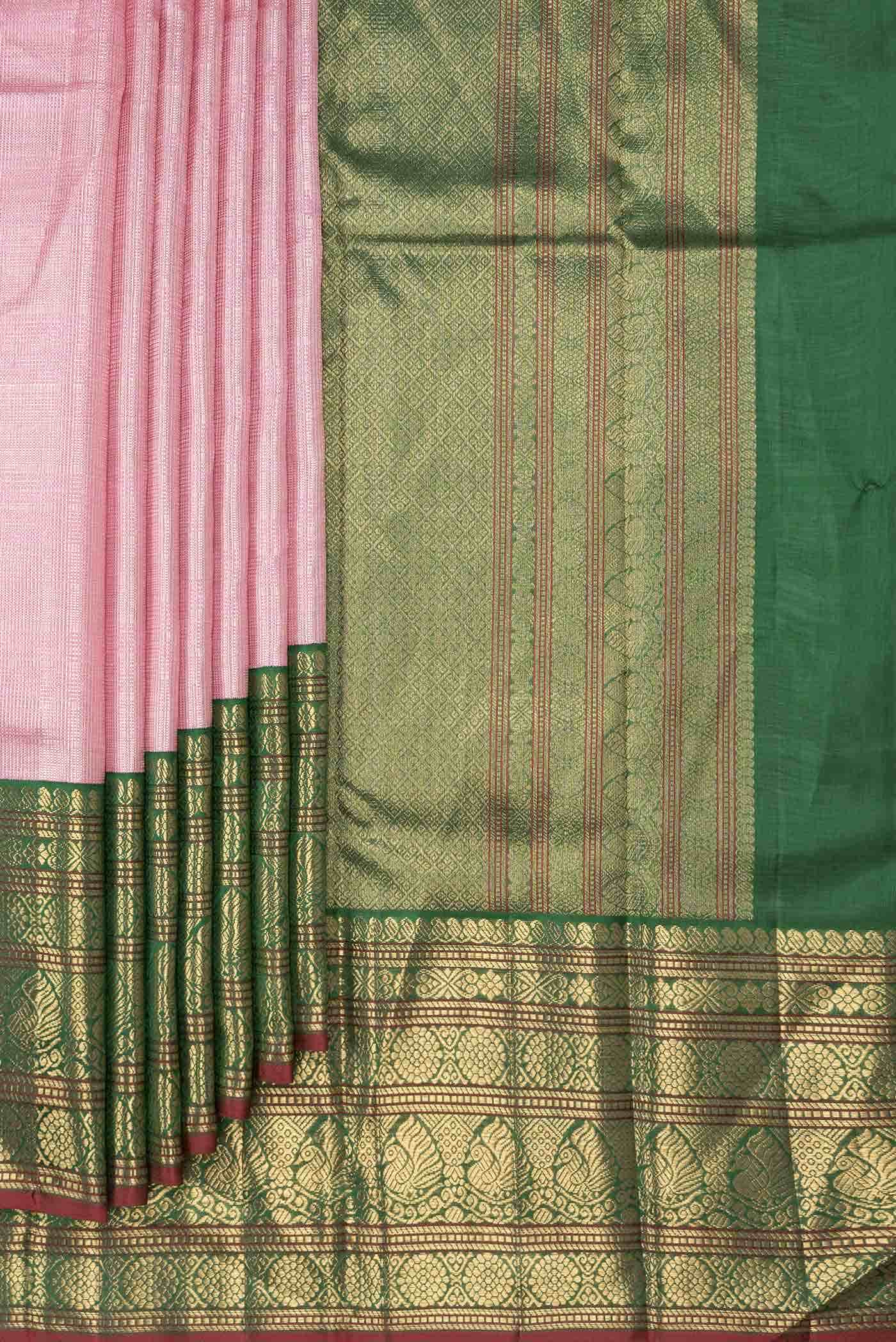 Pure Silk Pure Zari Pink Dual Tone Kanjivaram Saree - Image 2
