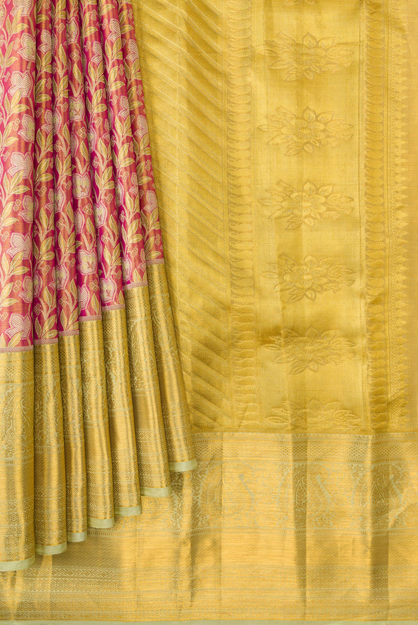 Pink with Gold Color Kanchipuram Tissue Silk Saree - Image 4