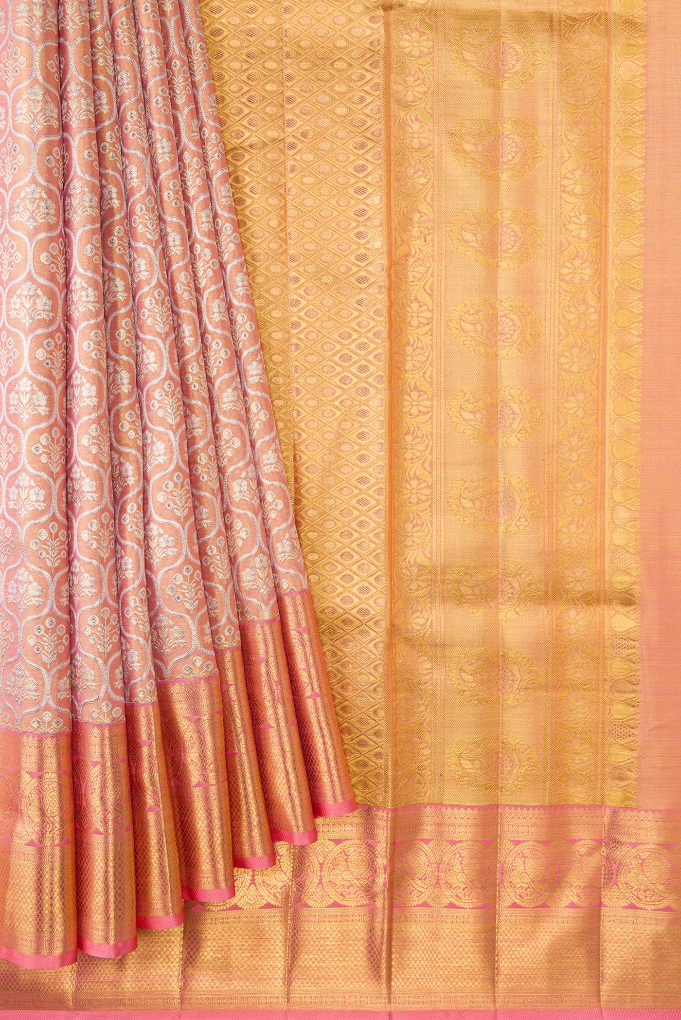 Pink with Gold Color Kanjivaram Tissue Silk Saree - Image 4