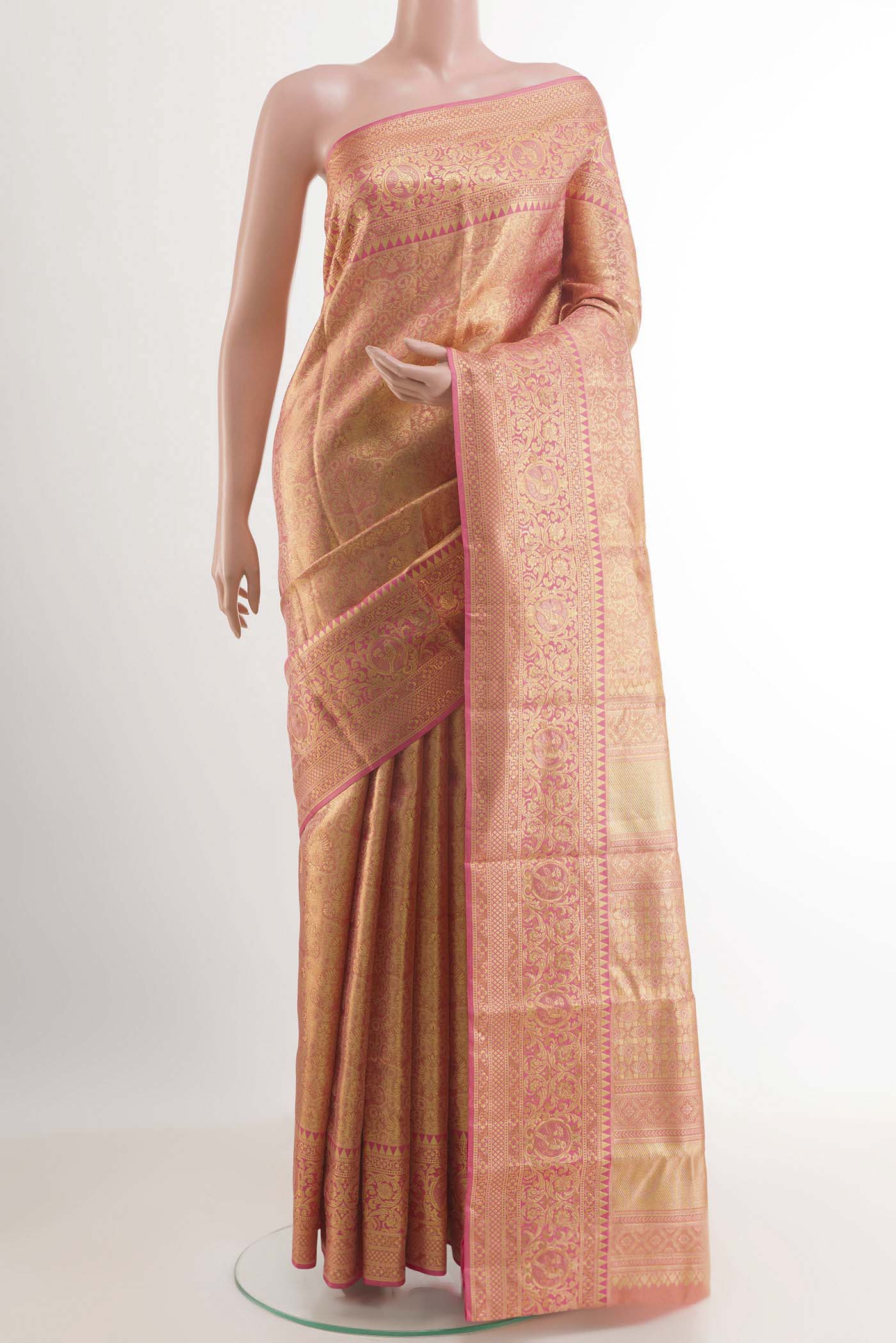 Coral with Gold Color Kanchipuram Tissue Silk Saree
