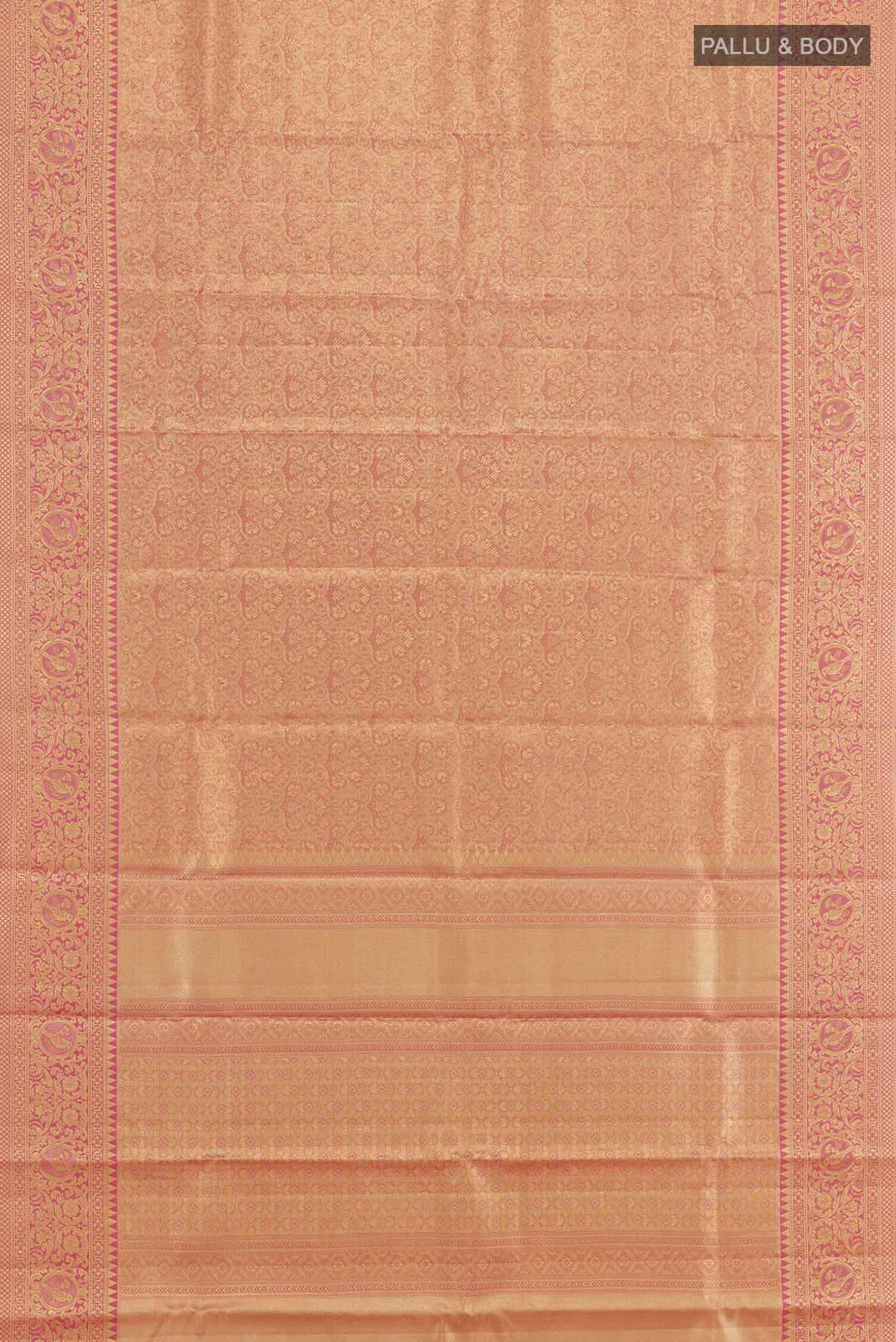 Coral with Gold Color Kanchipuram Tissue Silk Saree - Image 5