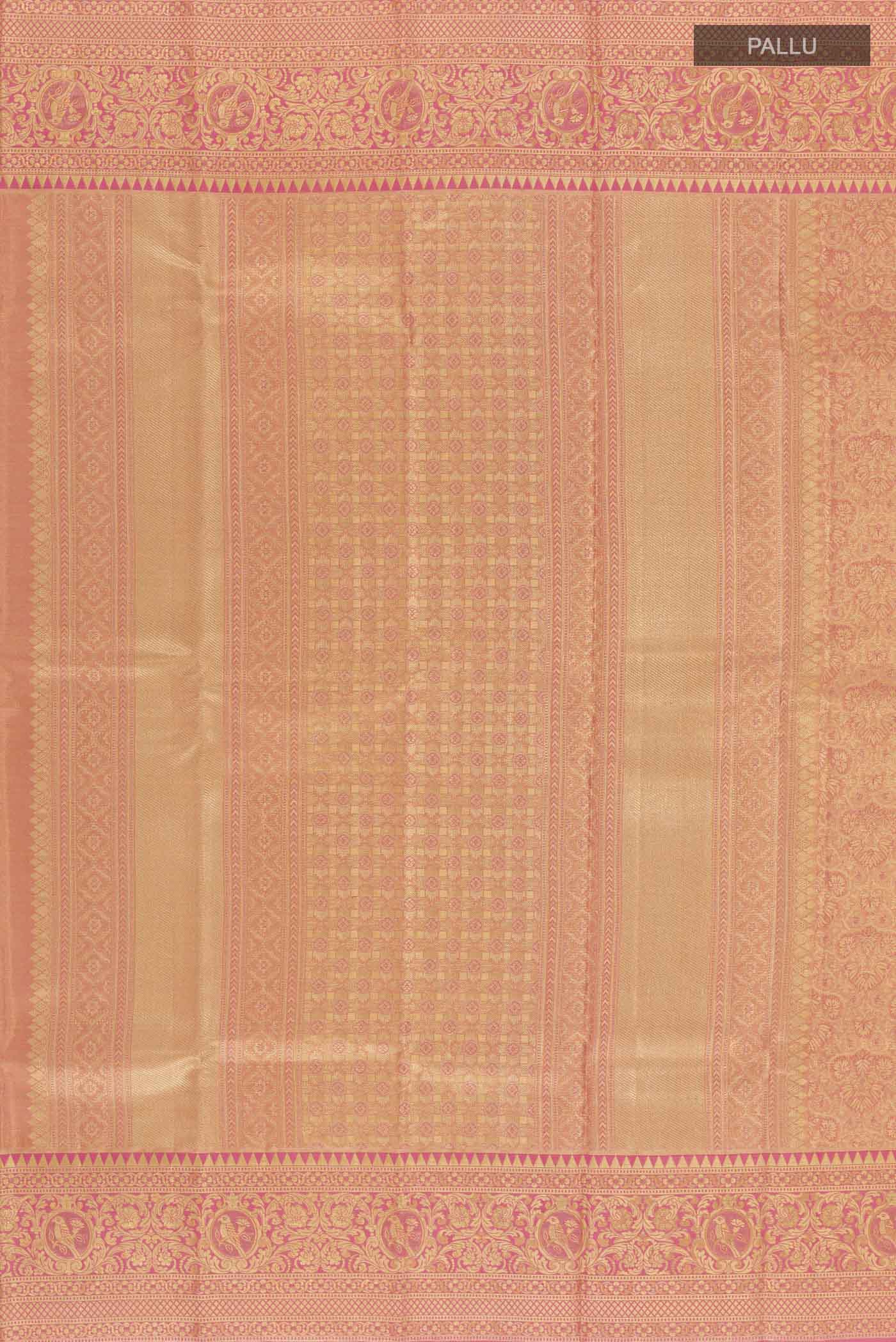 Coral with Gold Color Kanchipuram Tissue Silk Saree - Image 6
