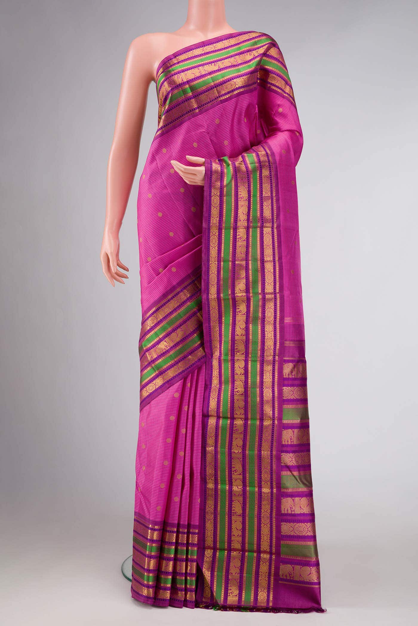 Pure Silk Pure Zari Pink Kanchipuram Saree - Image 7